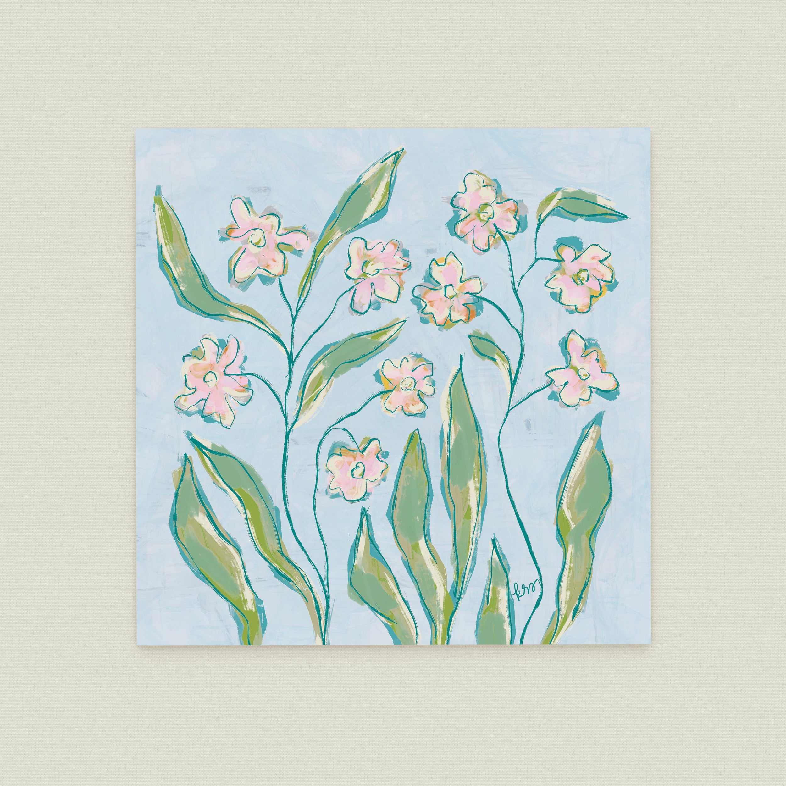 The image is a painting of flowers with green leaves, featuring a variety of pink and white flowers arranged in a natural, organic style.