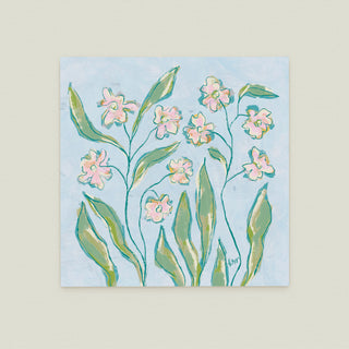 The image is a painting of flowers with green leaves, featuring a variety of pink and white flowers arranged in a natural, organic style.