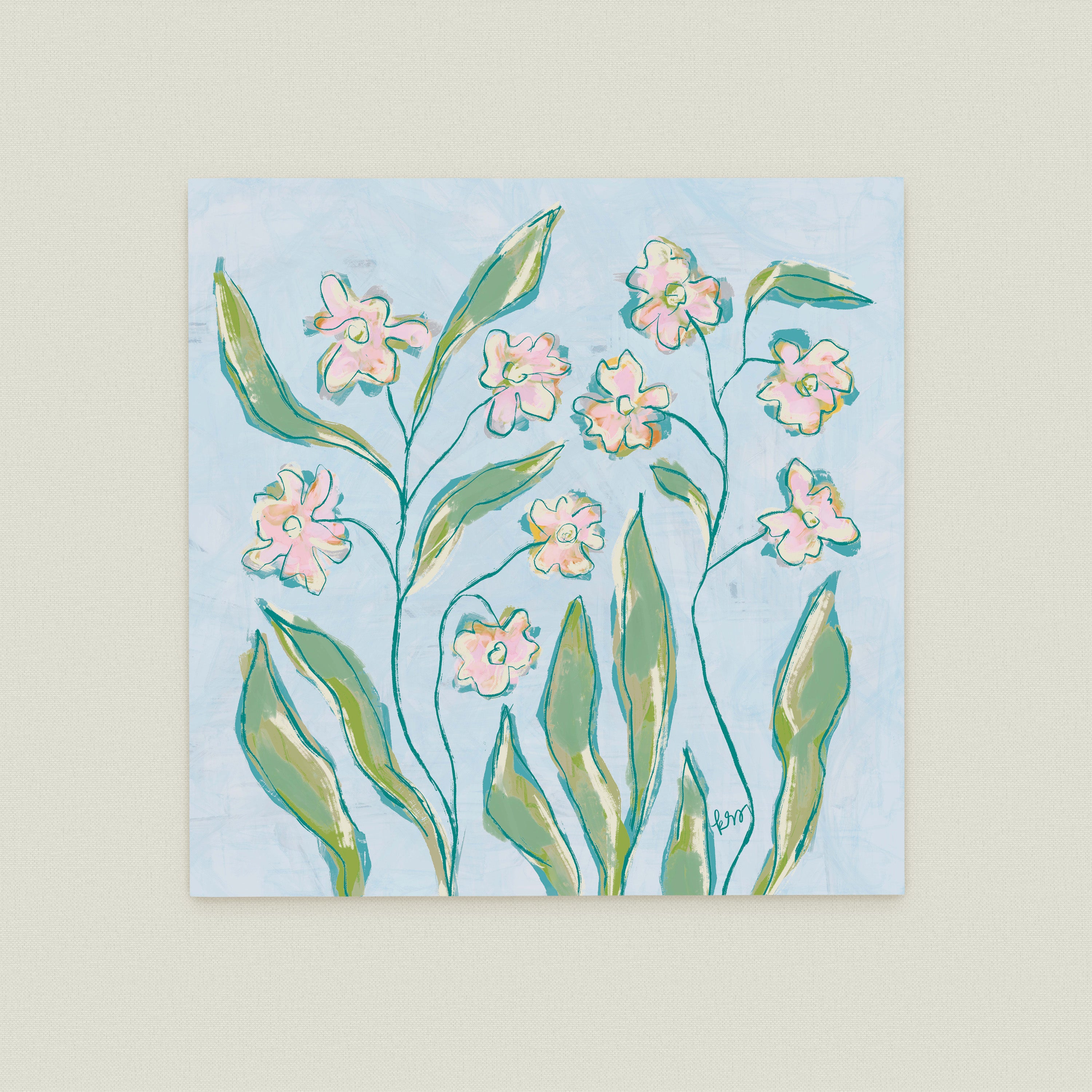 The image is a painting of flowers with green leaves, featuring a variety of pink and white flowers arranged in a natural, organic style.