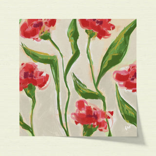 The image is a vibrant painting featuring a variety of red flowers with green leaves, creating a lively and colorful composition.