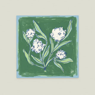 Hydrangea Study No. 5: a stylized depiction of white flowers against a green background.