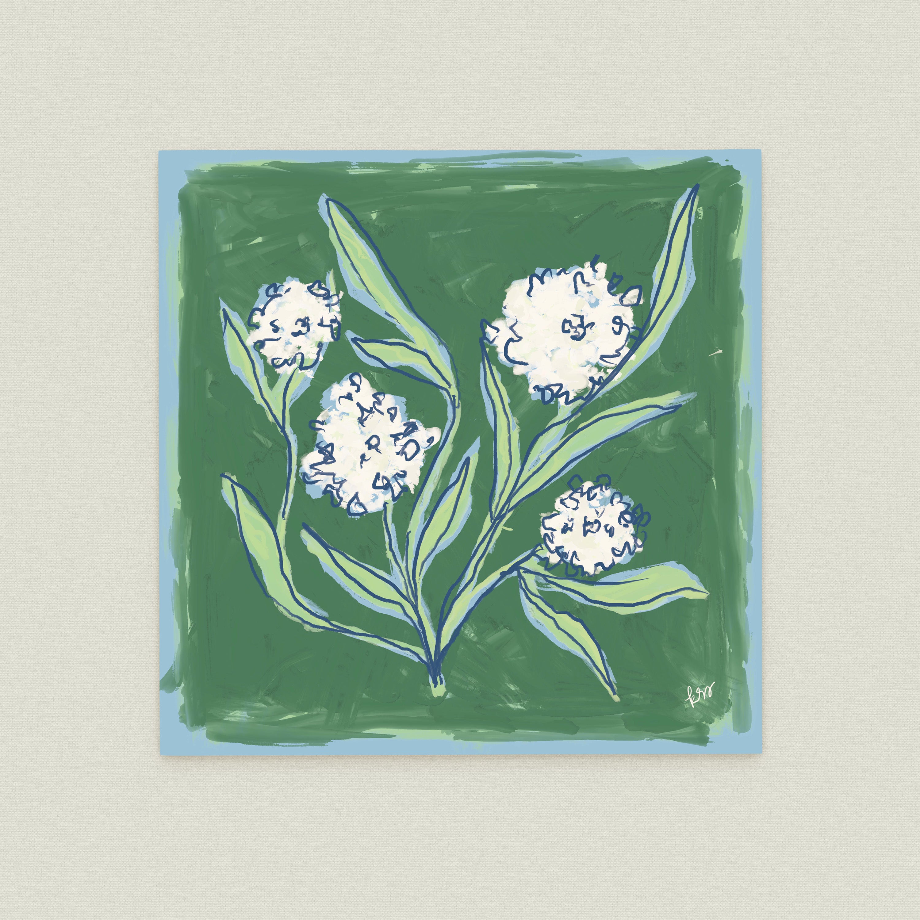 The image is a square painting featuring a stylized depiction of white flowers against a green background.
