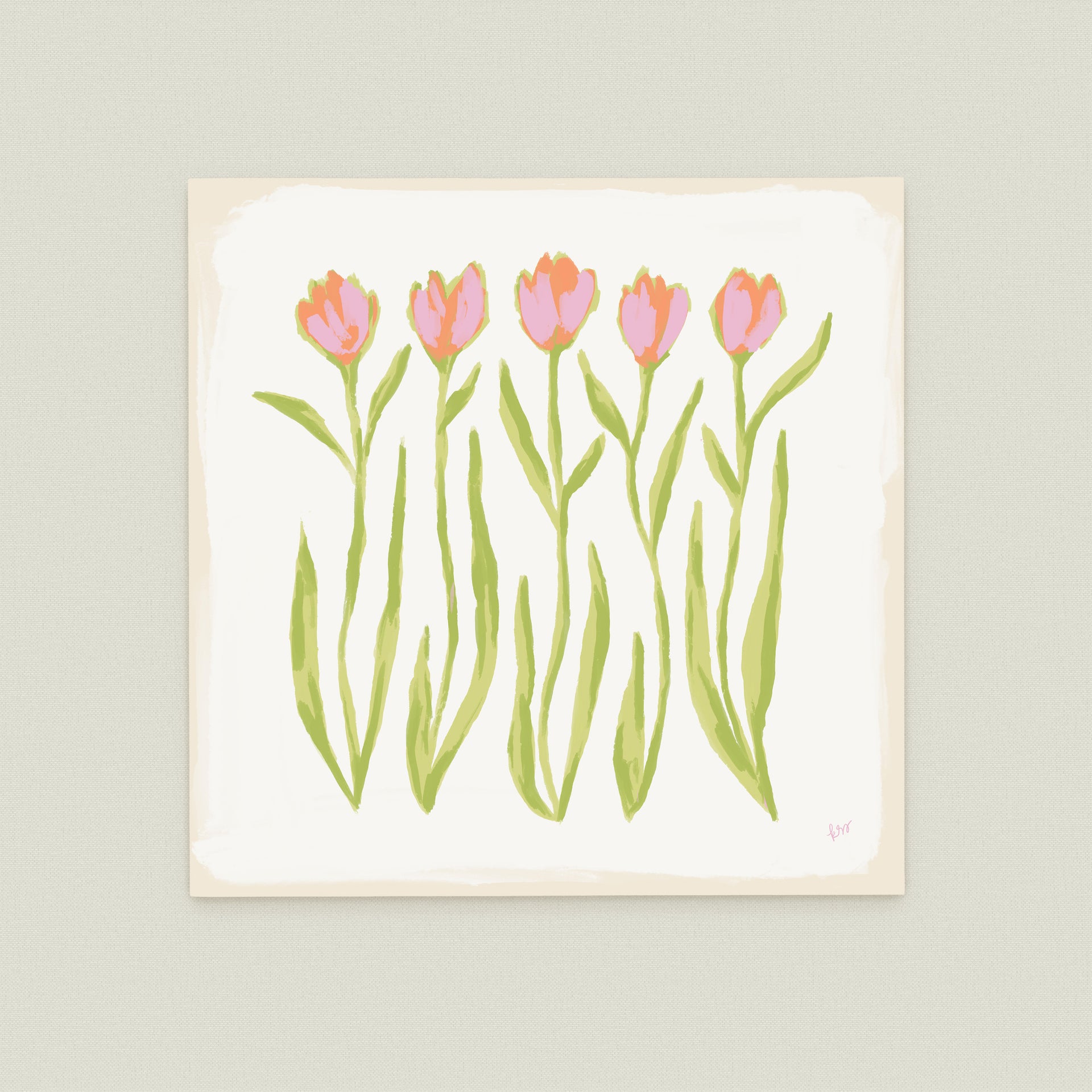 a group of five pink flowers with green stems, arranged in a row on a white background.