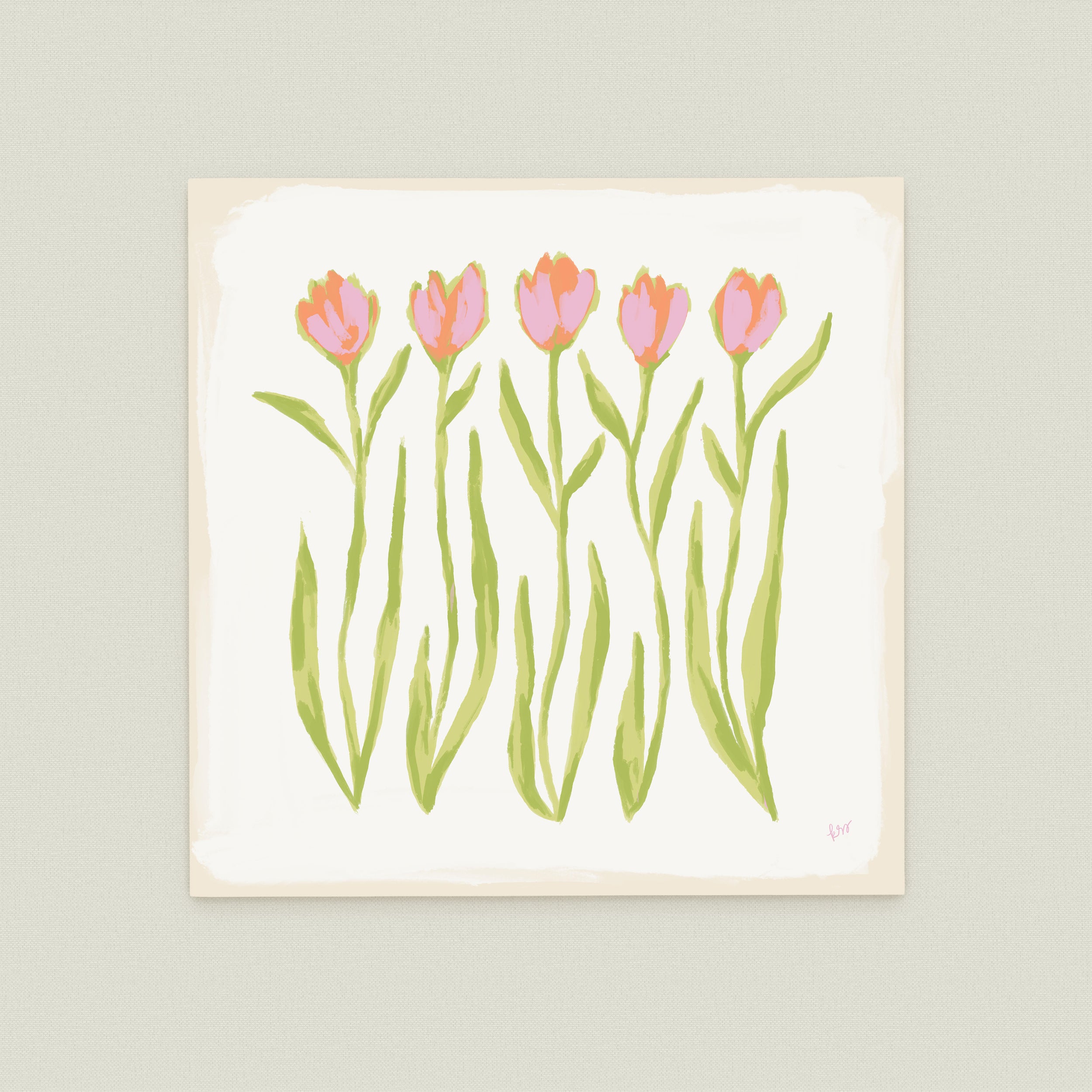 a group of five pink flowers with green stems, arranged in a row on a white background.