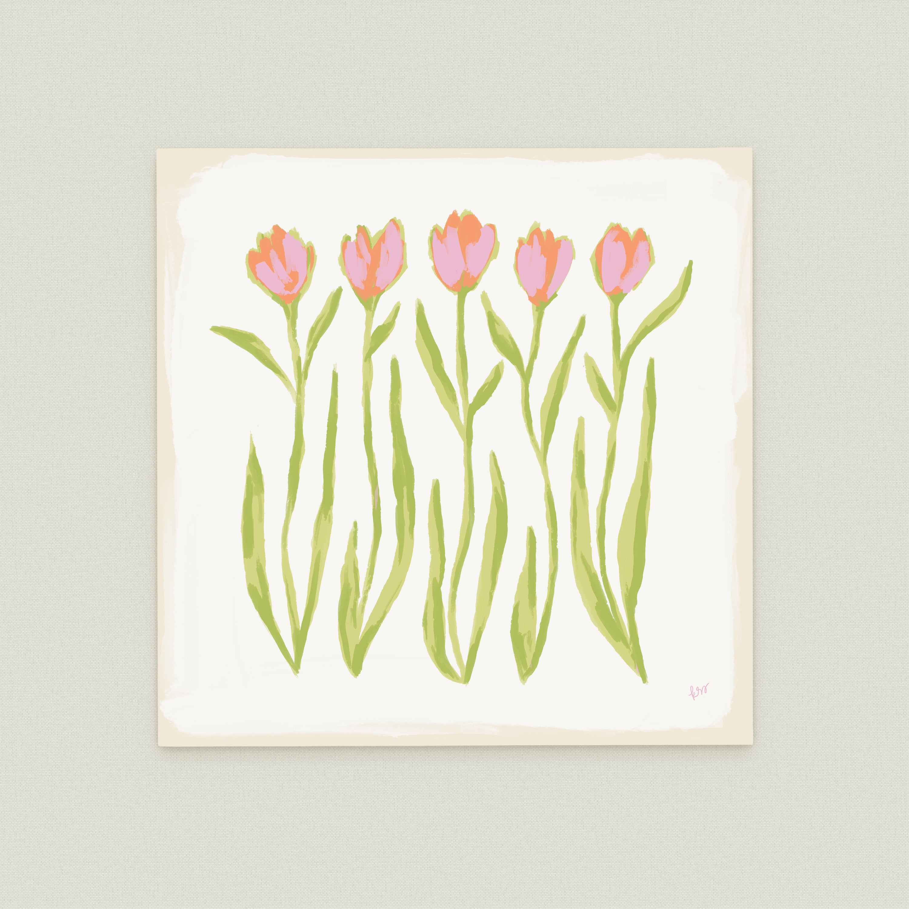 a group of five pink flowers with green stems, arranged in a row on a white background.