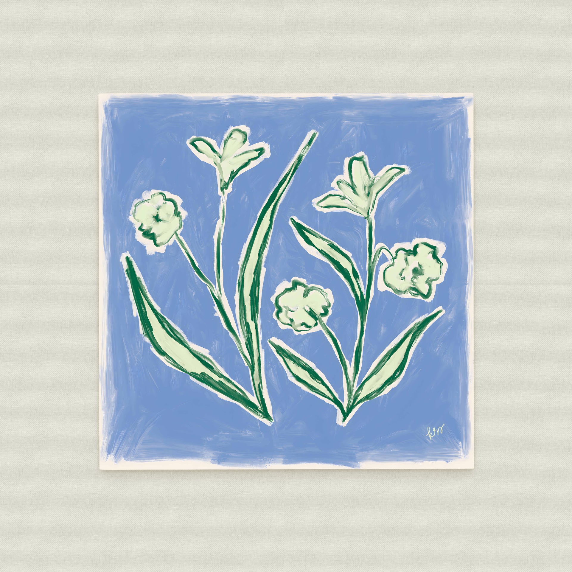 The image is a painting of a blue background with green and white flowers and leaves.