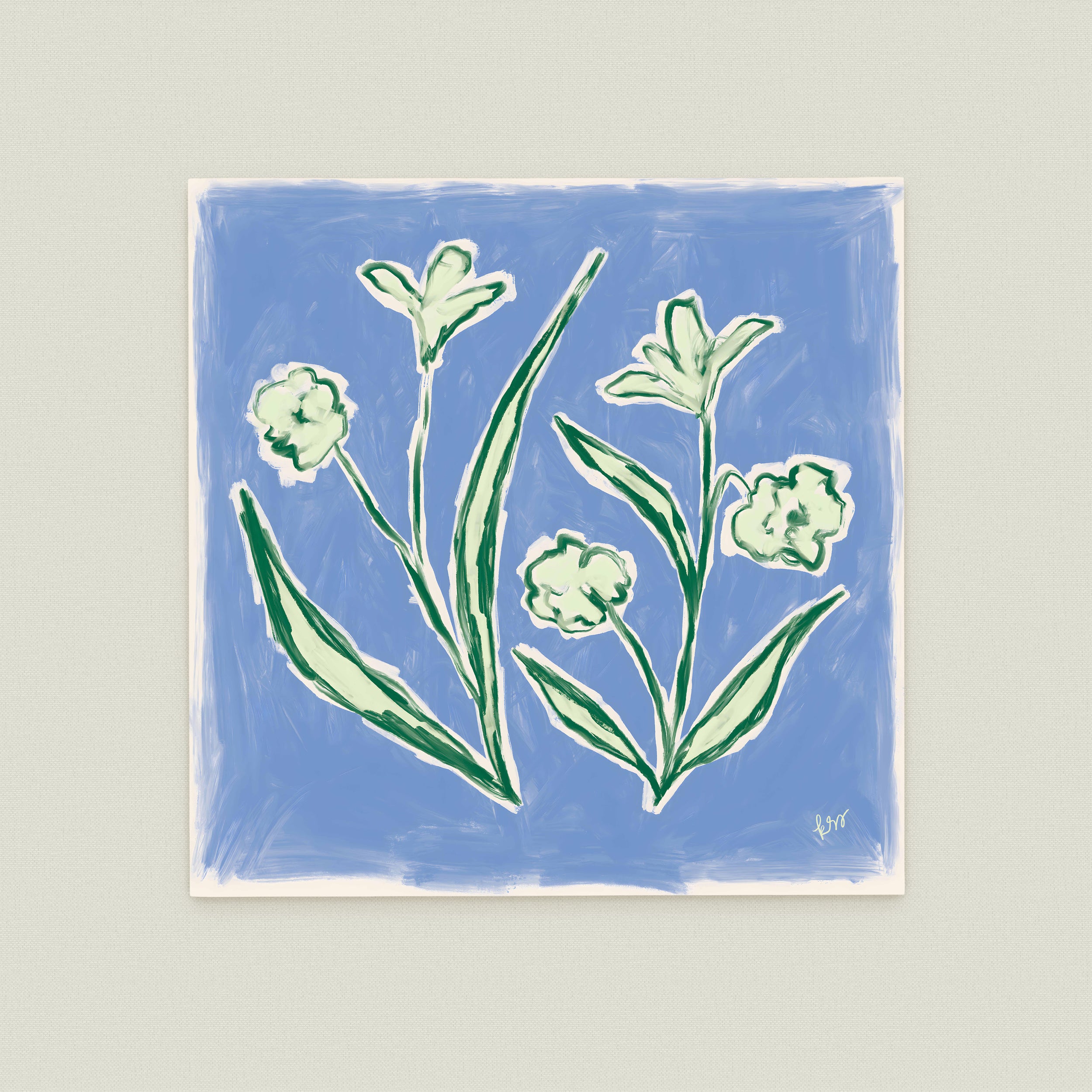The image is a painting of a blue background with green and white flowers and leaves.