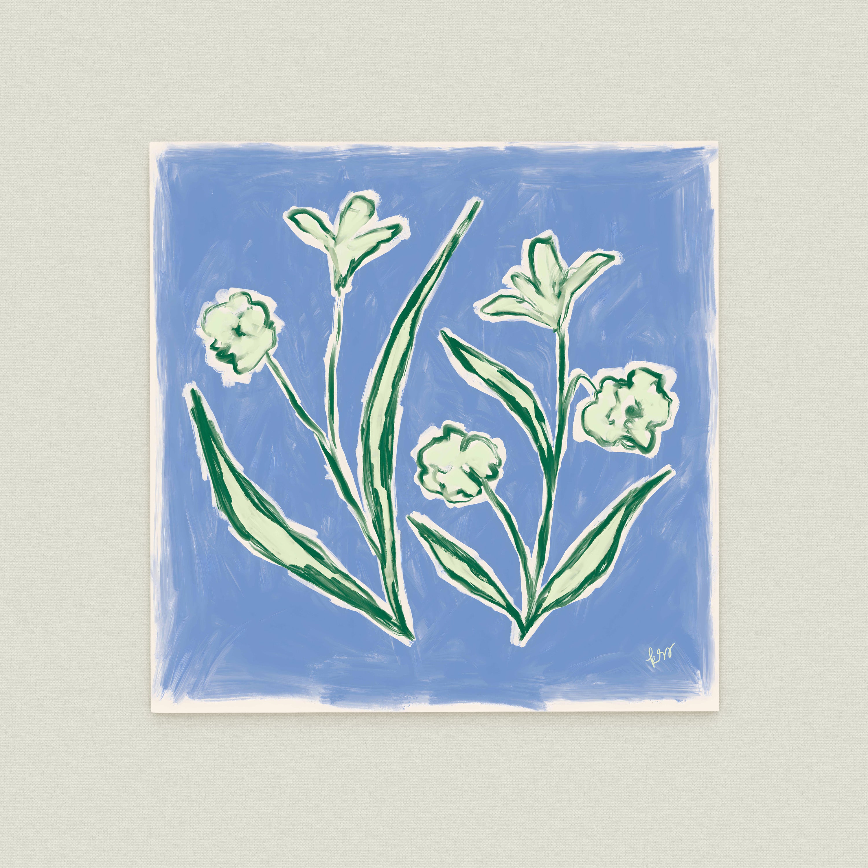 The image is a painting of a blue background with green and white flowers and leaves.