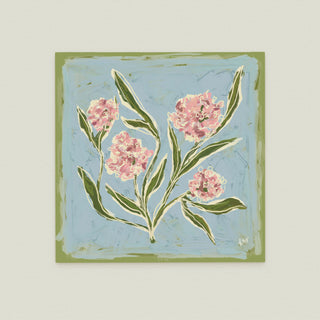Hydrangea Study No. 4: a group of pink flowers with green leaves against a blue background.