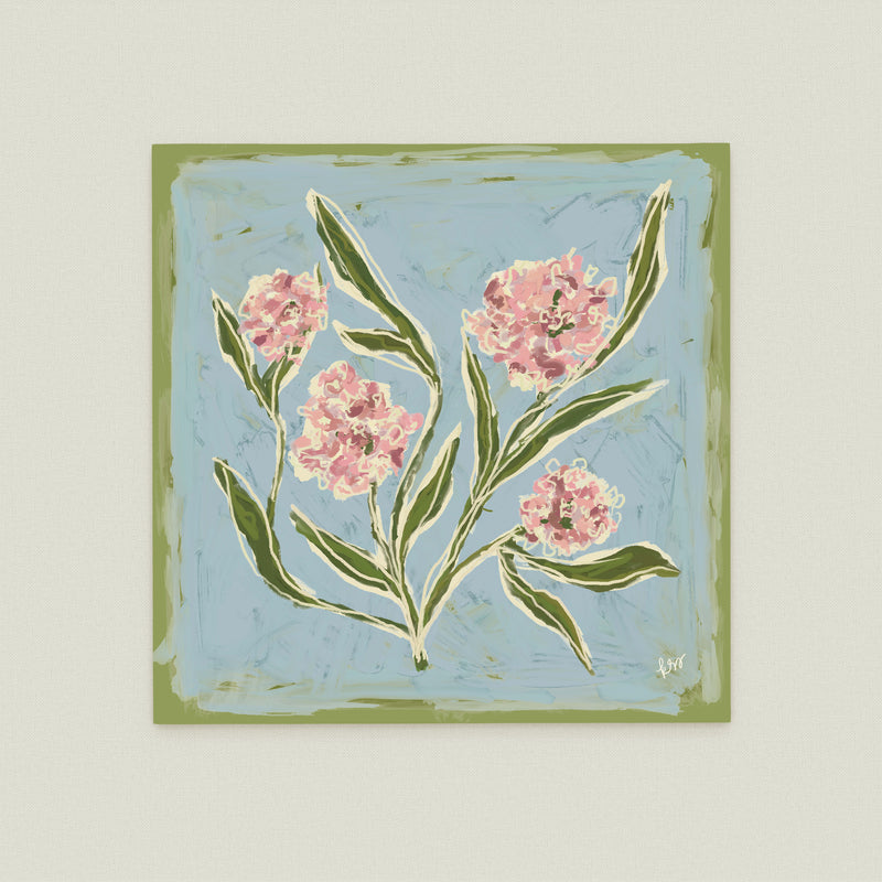 The image is a square painting featuring a group of pink flowers with green leaves against a blue background.