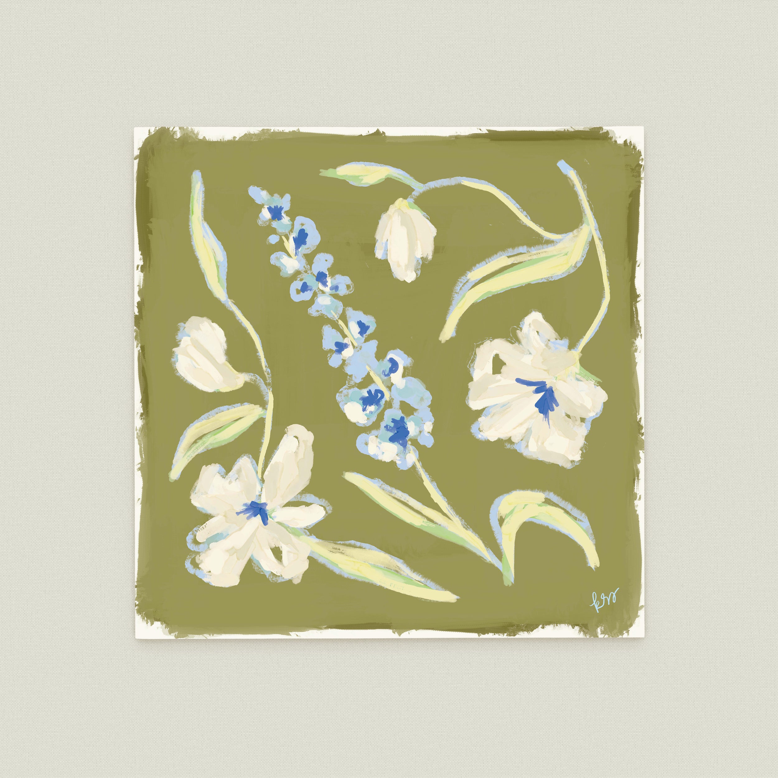 The image is a square painting featuring a variety of flowers in shades of blue and white against a green background.