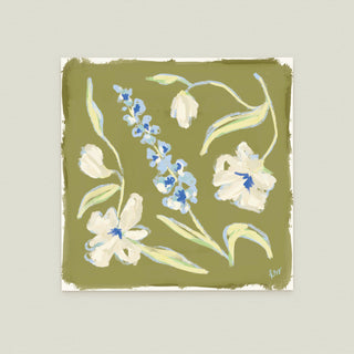 Garden Arrangement No. 13: a variety of flowers in shades of blue and white against a green background.