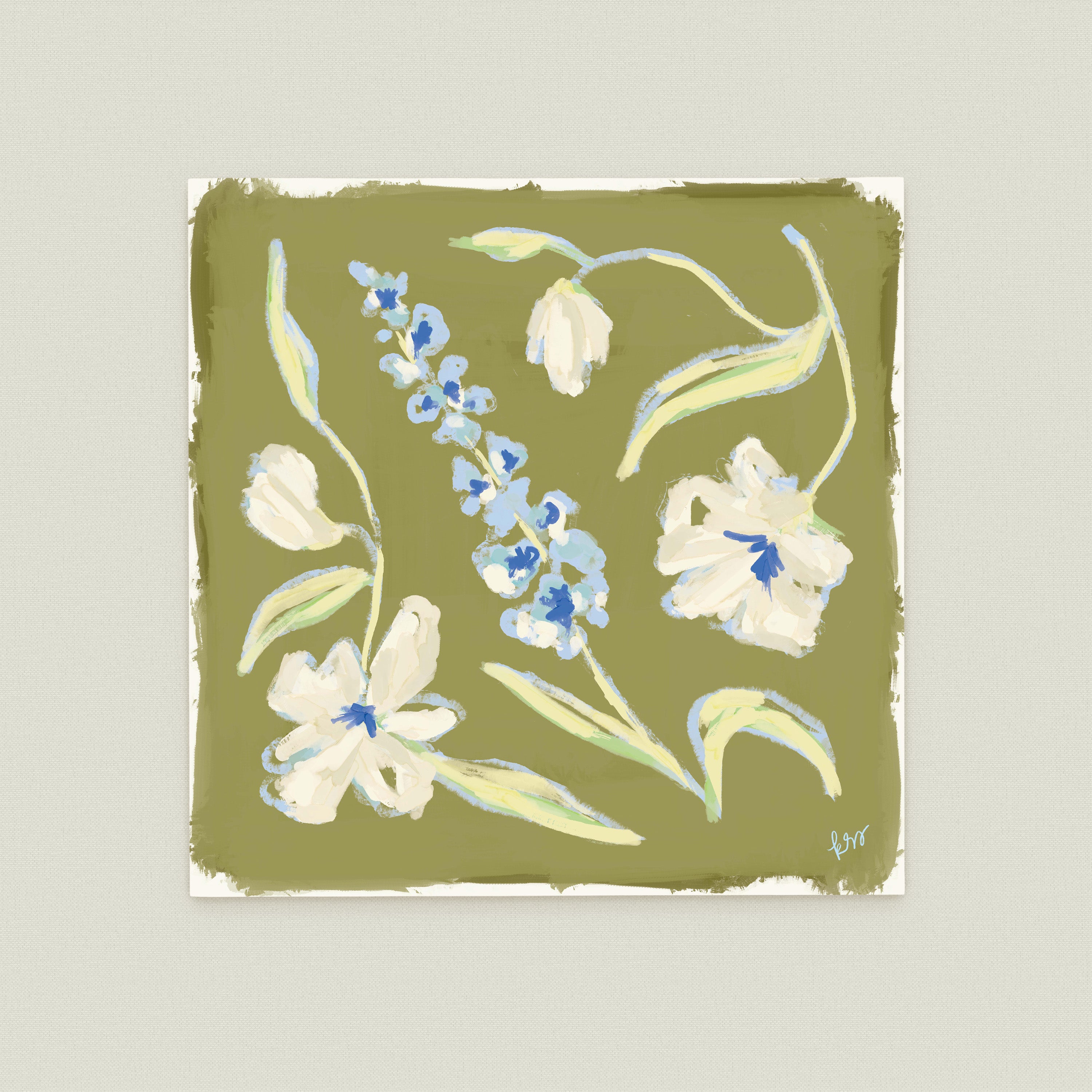 The image is a square painting featuring a variety of flowers in shades of blue and white against a green background.