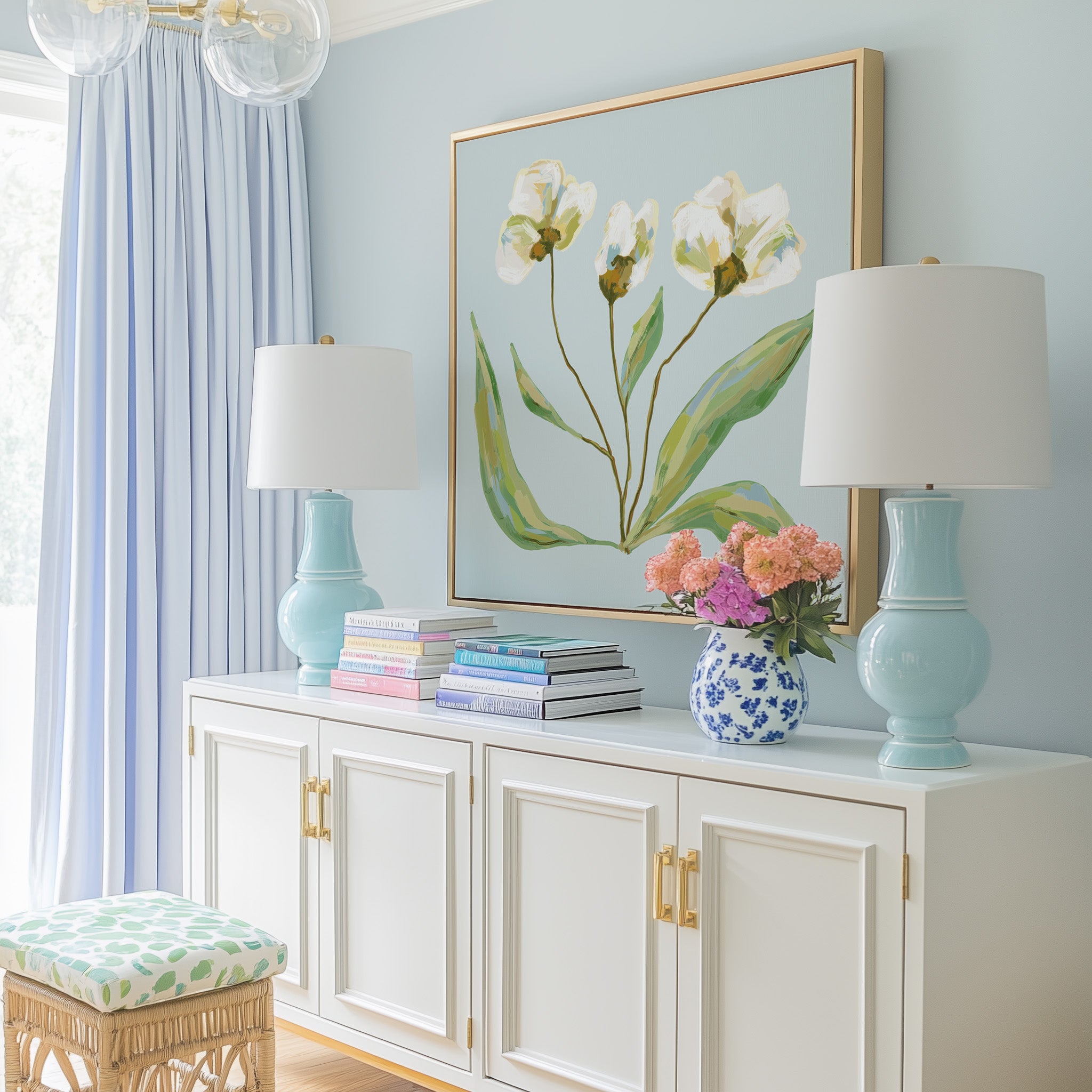 a well-decorated room with a white cabinet, a blue and white vase with flowers, and a framed painting of flowers on the wall. The room has a light blue color scheme, and there are two lamps on the cabinet.