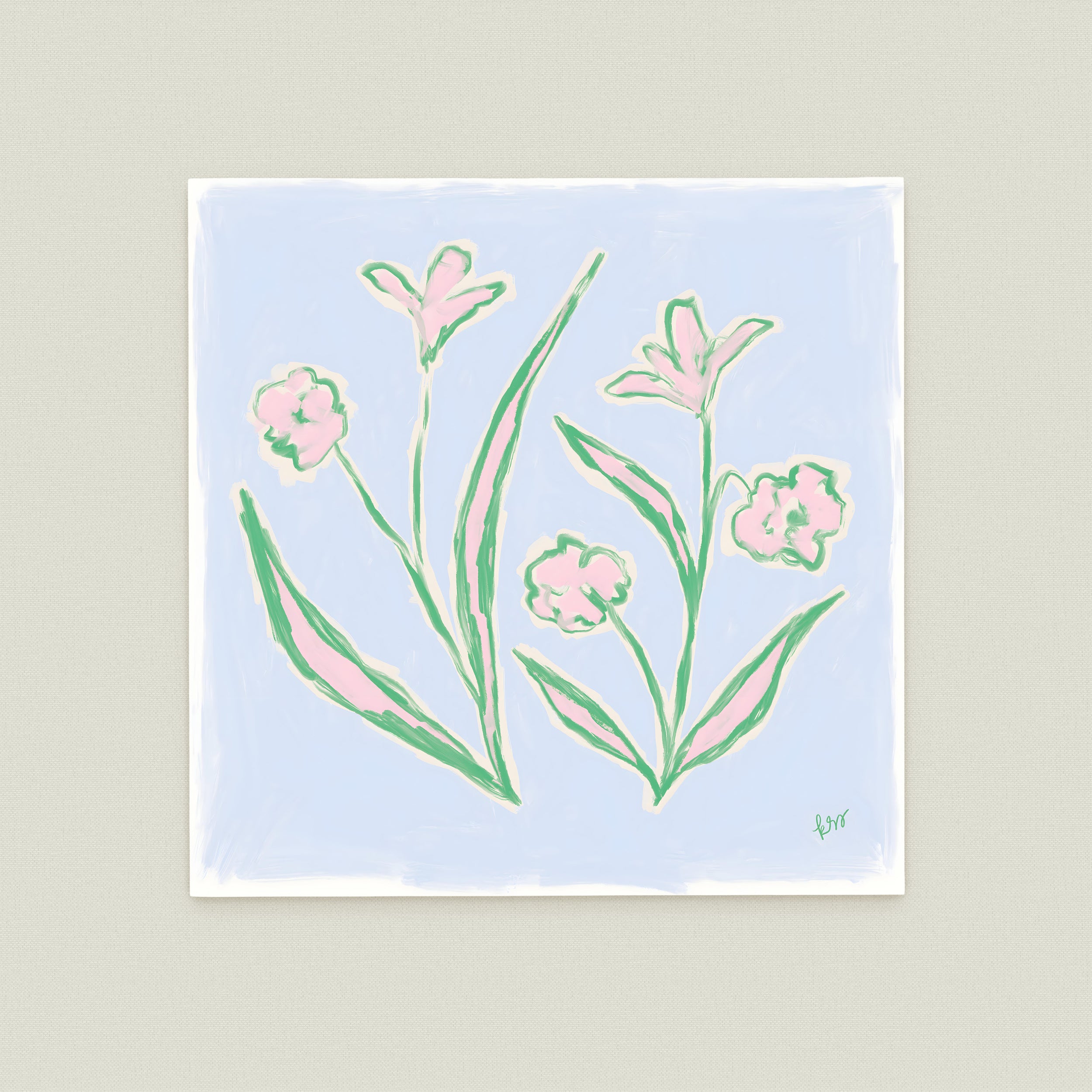The image is a painting of pink flowers against a light blue background.