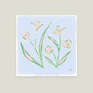 Floral Study No. 11: pink flowers against a light blue background.