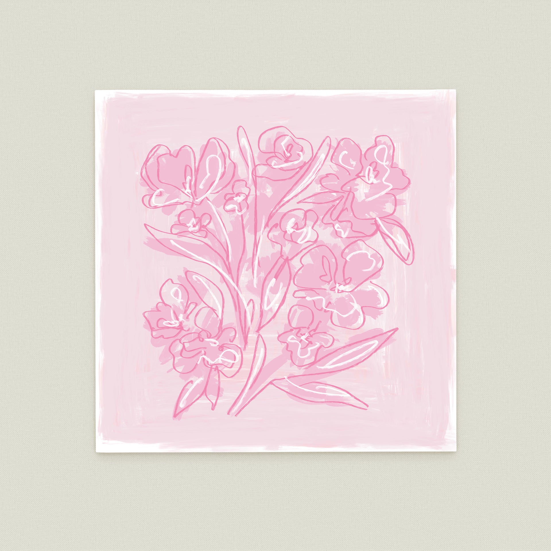A square-shaped illustration featuring a group of pink flowers with delicate petals and leaves against a light pink background.
