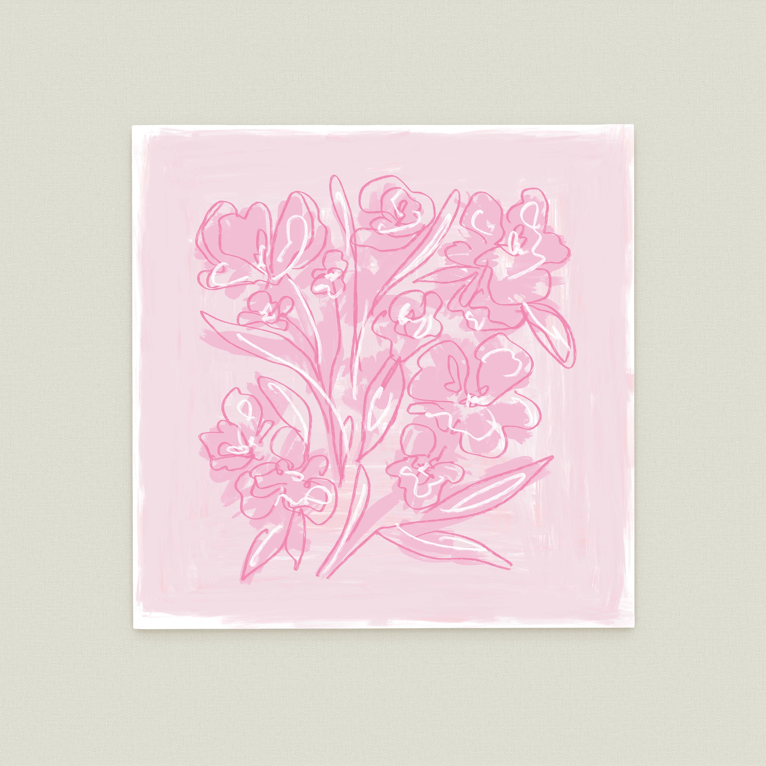 A square-shaped illustration featuring a group of pink flowers with delicate petals and leaves against a light pink background.