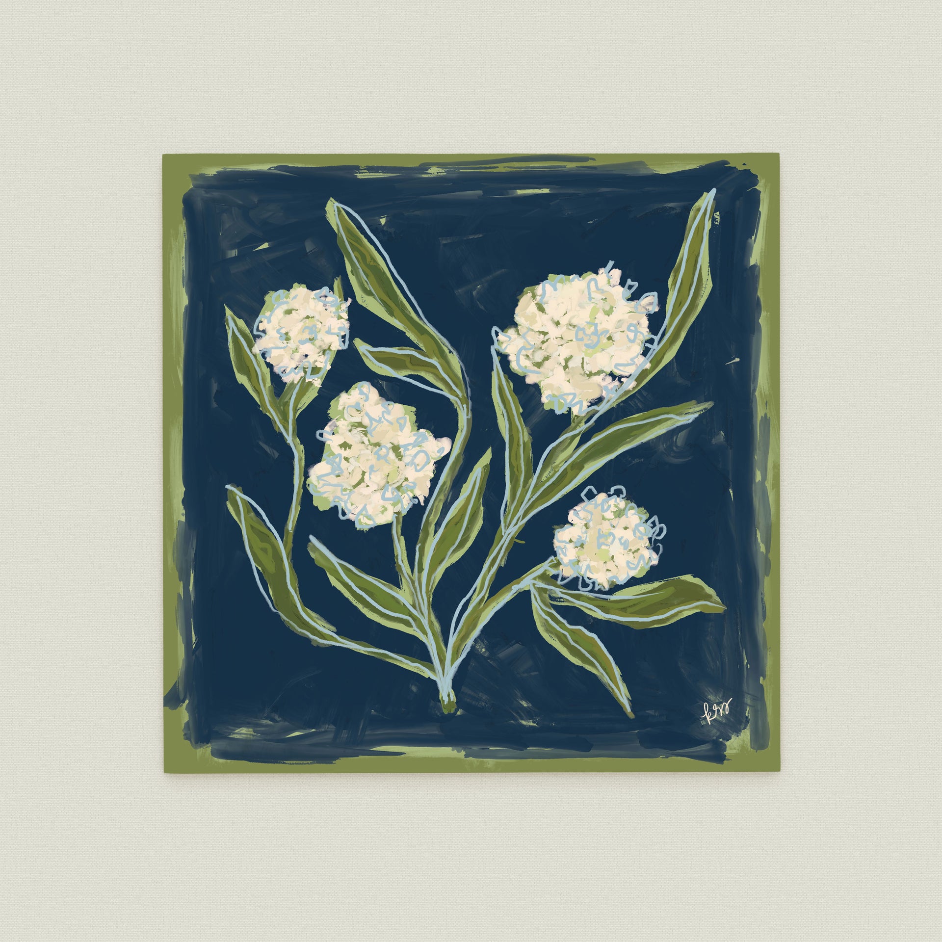 The image is a square painting featuring a dark blue background with white flowers and green leaves.