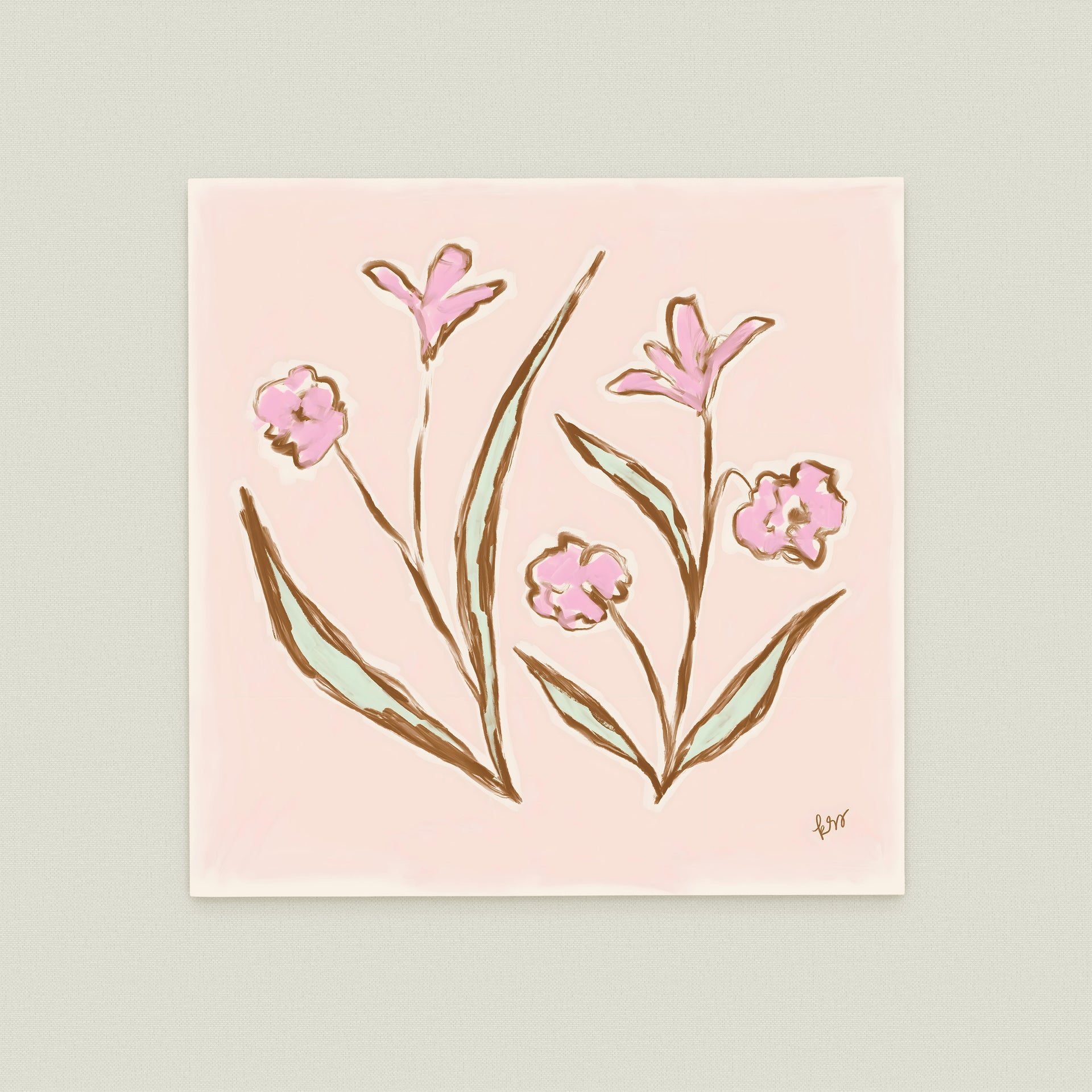 The image is a square-shaped illustration featuring a group of pink flowers with green leaves.