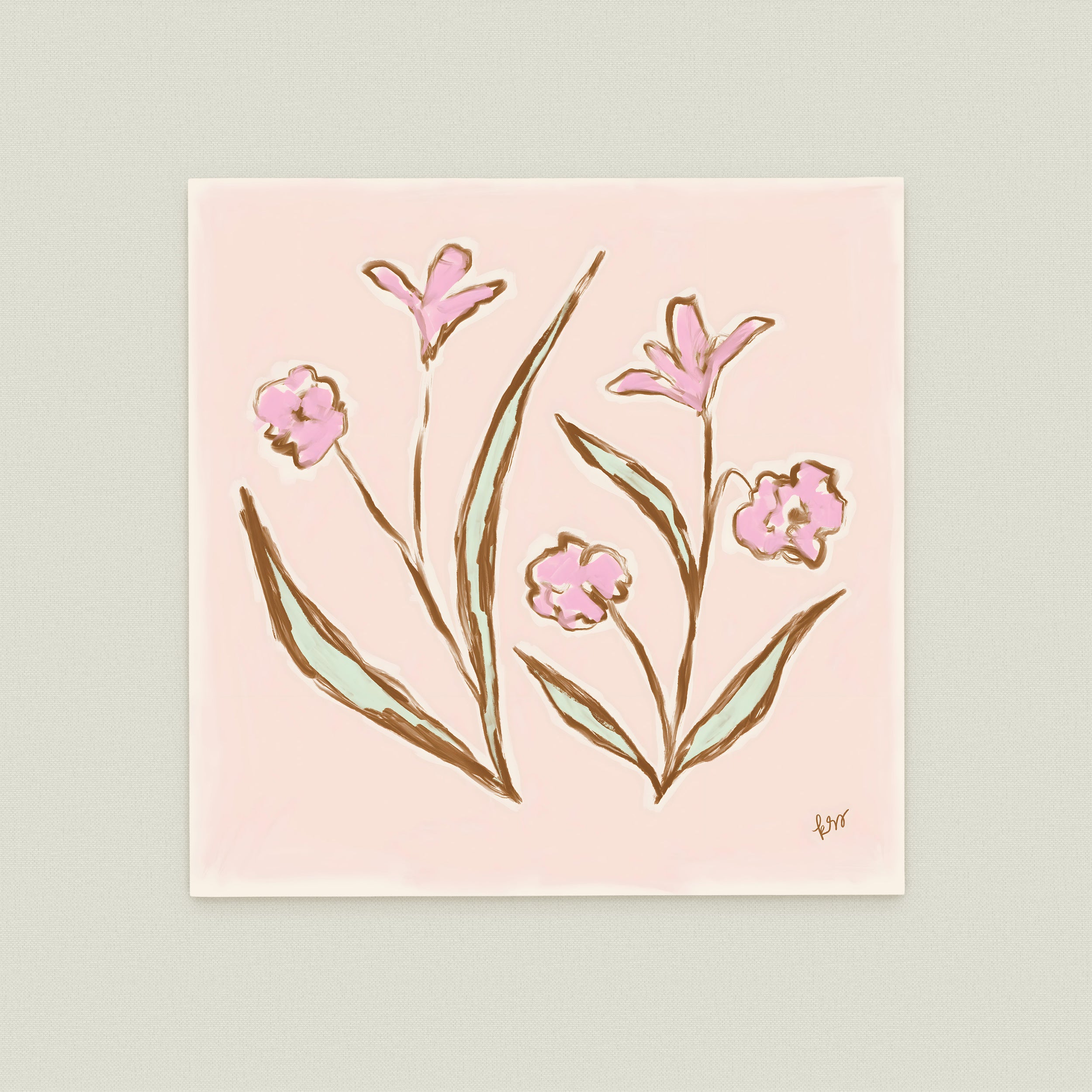The image is a square-shaped illustration featuring a group of pink flowers with green leaves.