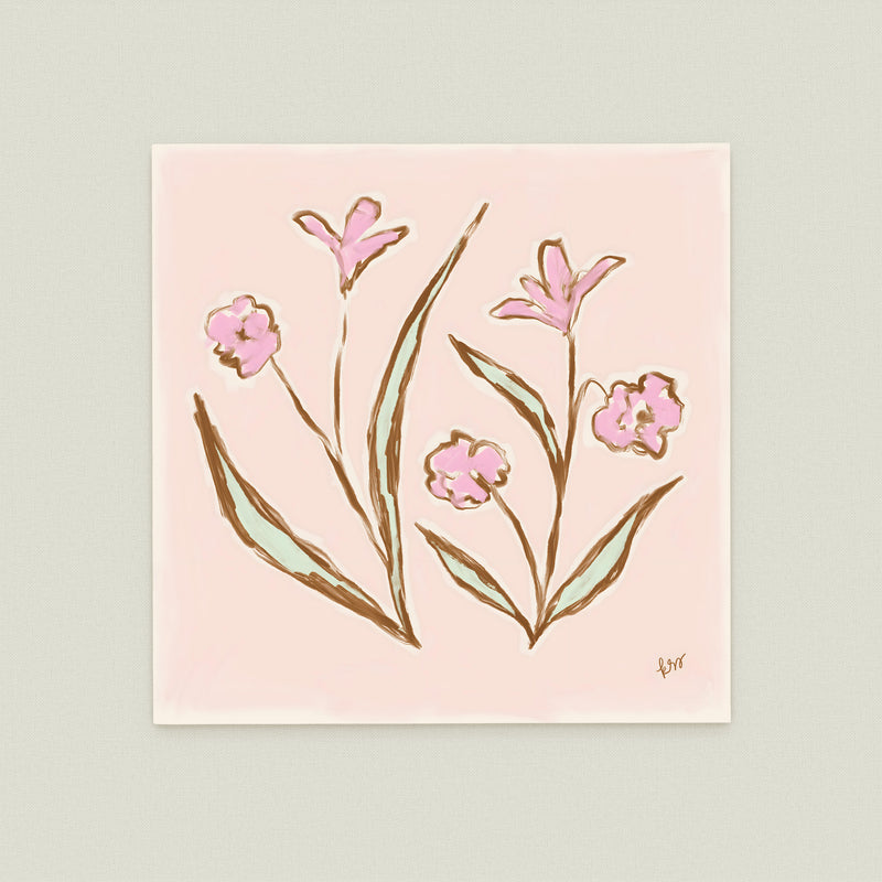 The image is a square-shaped illustration featuring a group of pink flowers with green leaves.