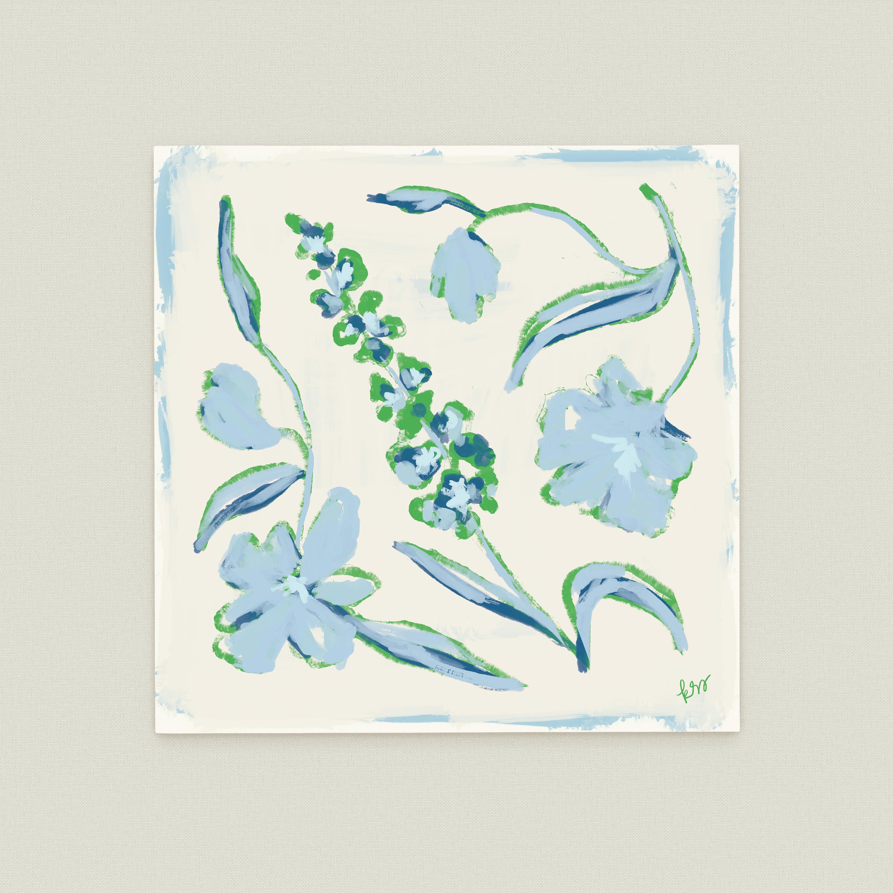 The image is a square painting featuring various blue flowers and leaves in different poses and orientations.