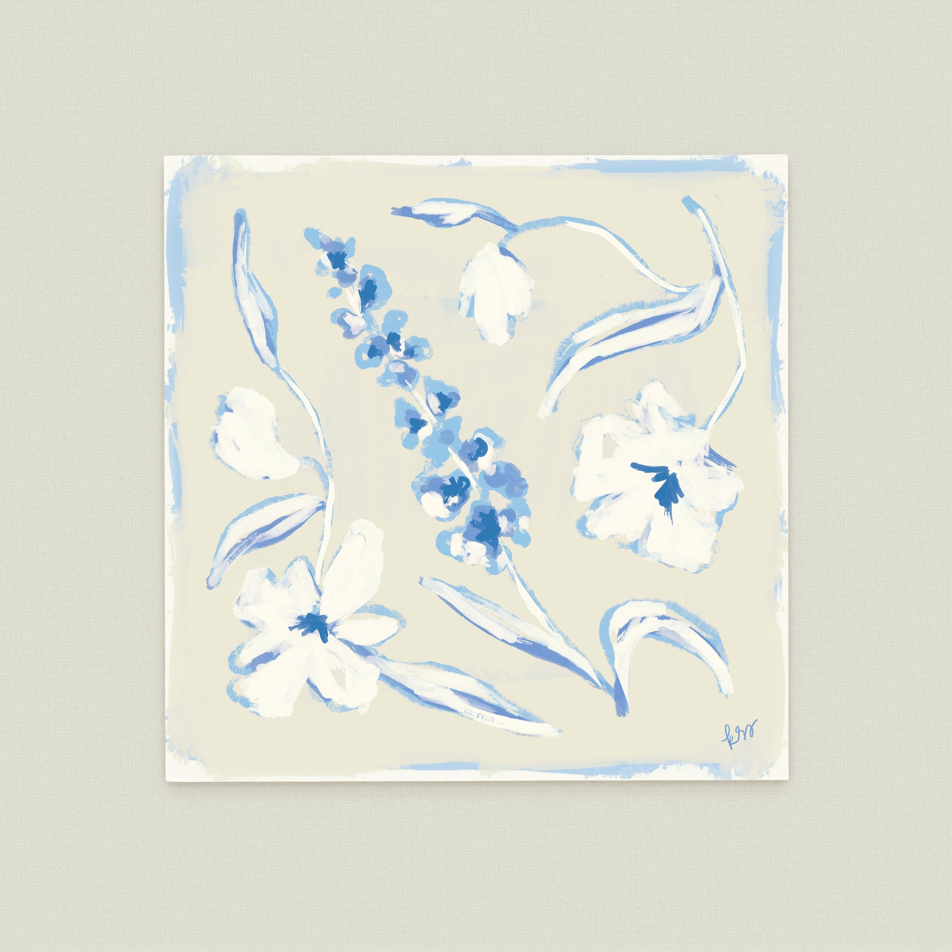 The image is a square painting featuring various blue flowers and leaves in different poses and orientations.