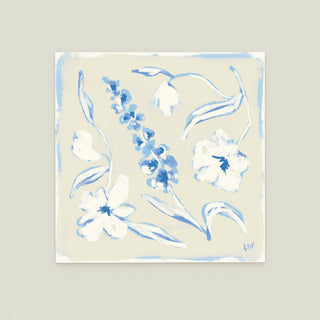 Garden Arrangement No. 4: various blue flowers and leaves in different poses and orientations.