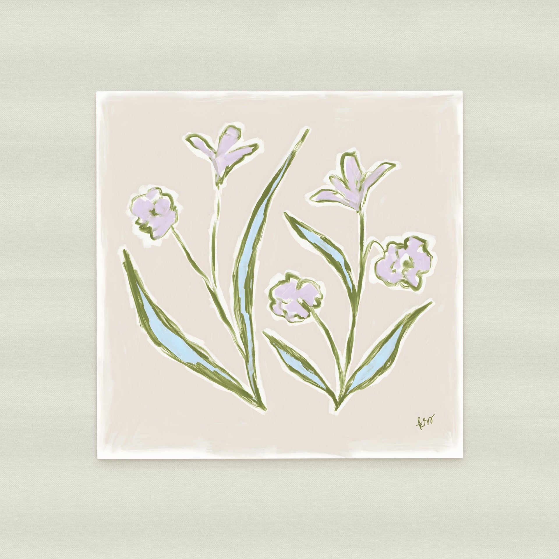 The image is a square-shaped illustration featuring stylized flowers and leaves in shades of green and blue against a light beige background.