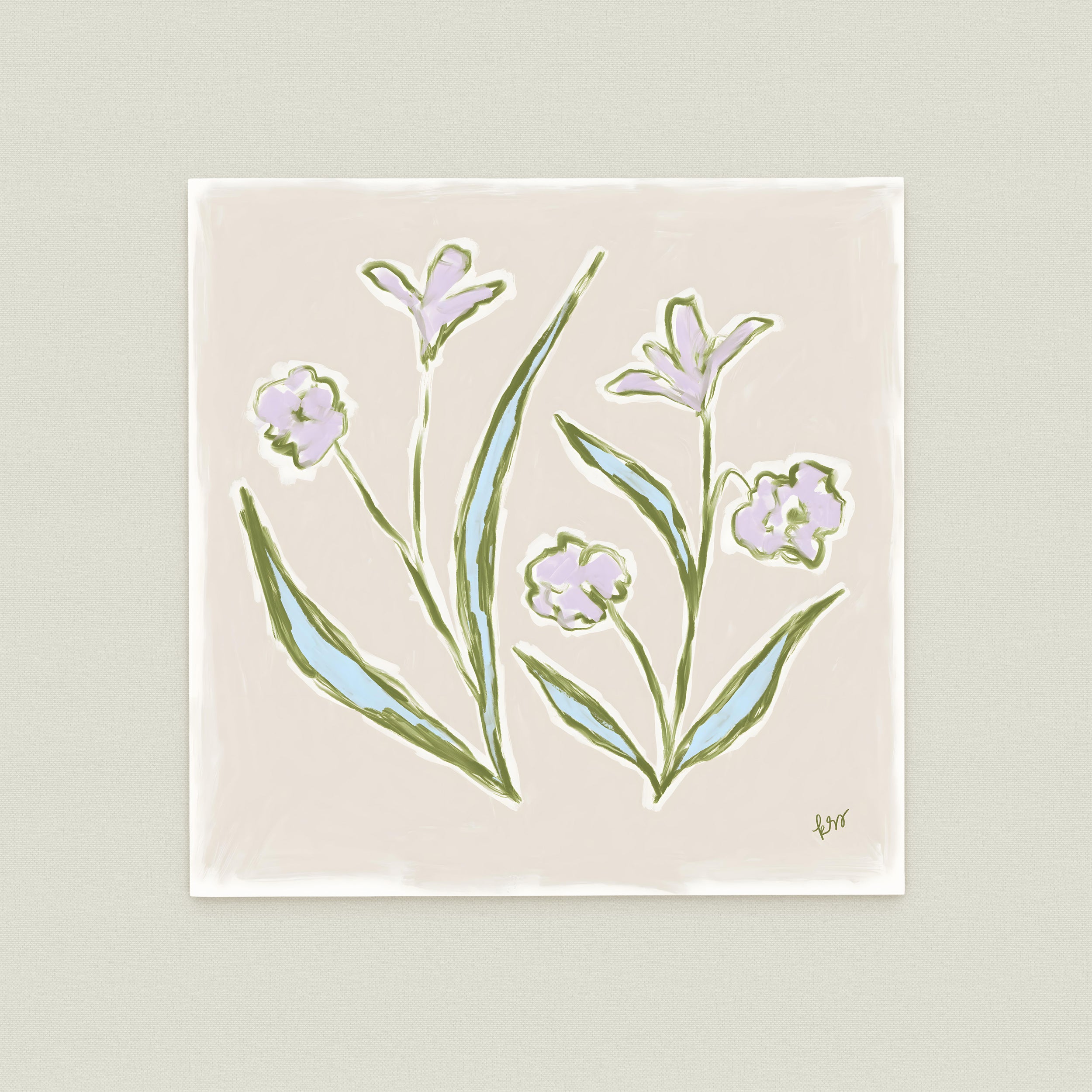 The image is a square-shaped illustration featuring stylized flowers and leaves in shades of green and blue against a light beige background.