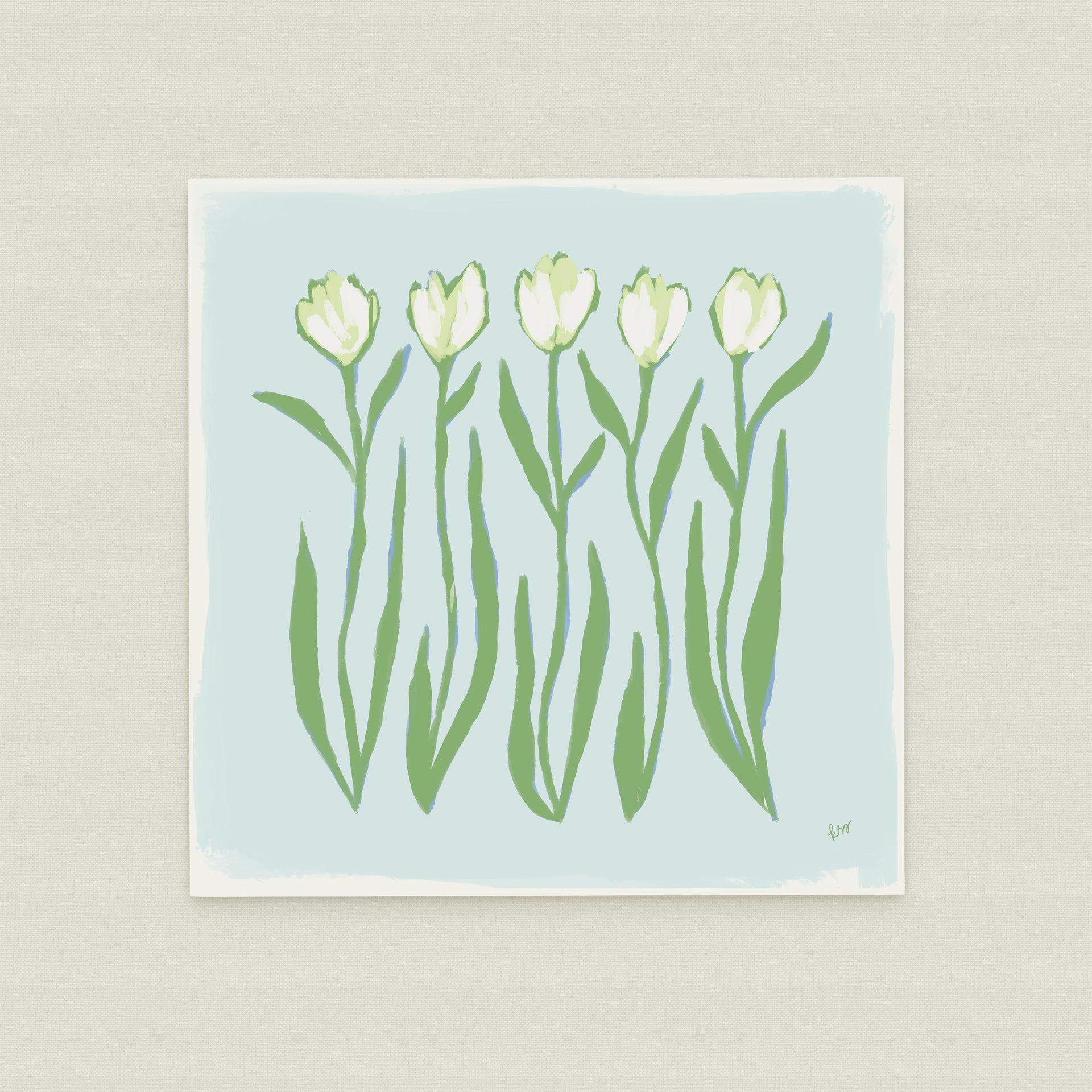 A painting of five white tulips with green stems and leaves against a light blue background.