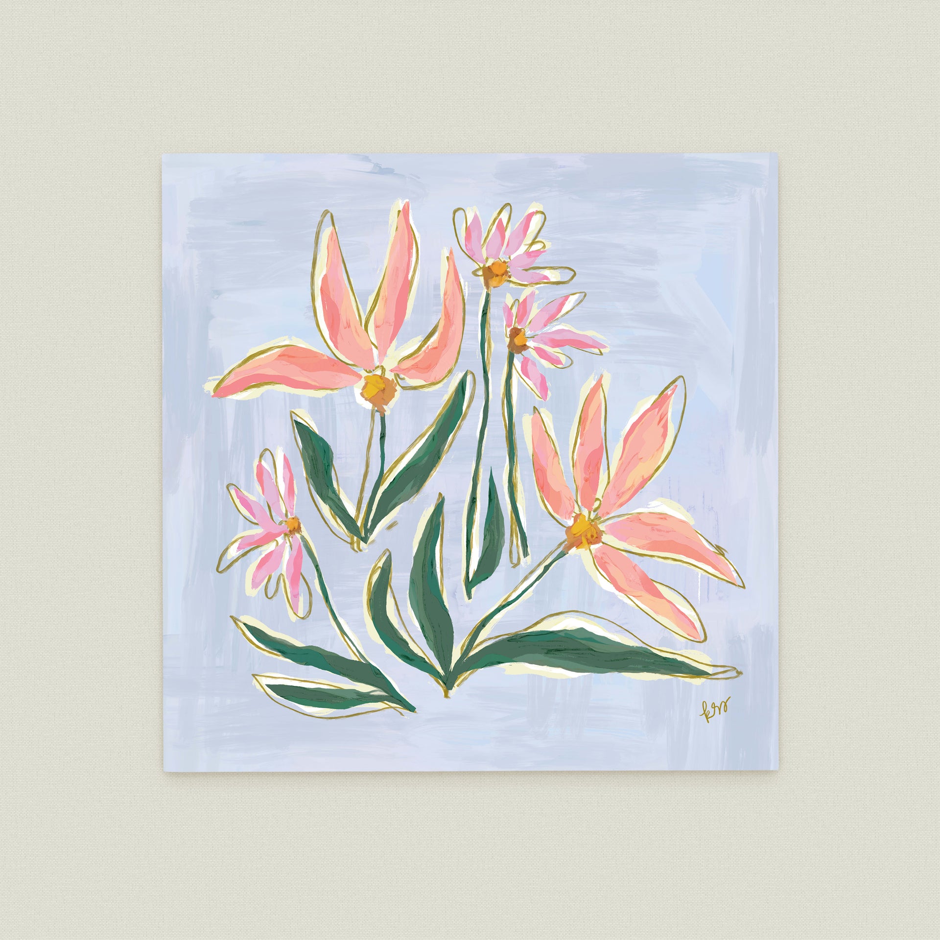 The image is a painting of pink flowers with green leaves, set against a light blue background.