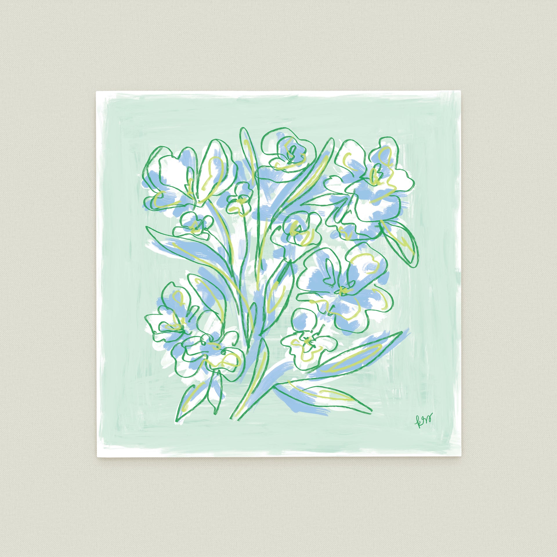 The image is a square-shaped illustration featuring a bouquet of stylized flowers in various shades of blue and green against a light green background.
