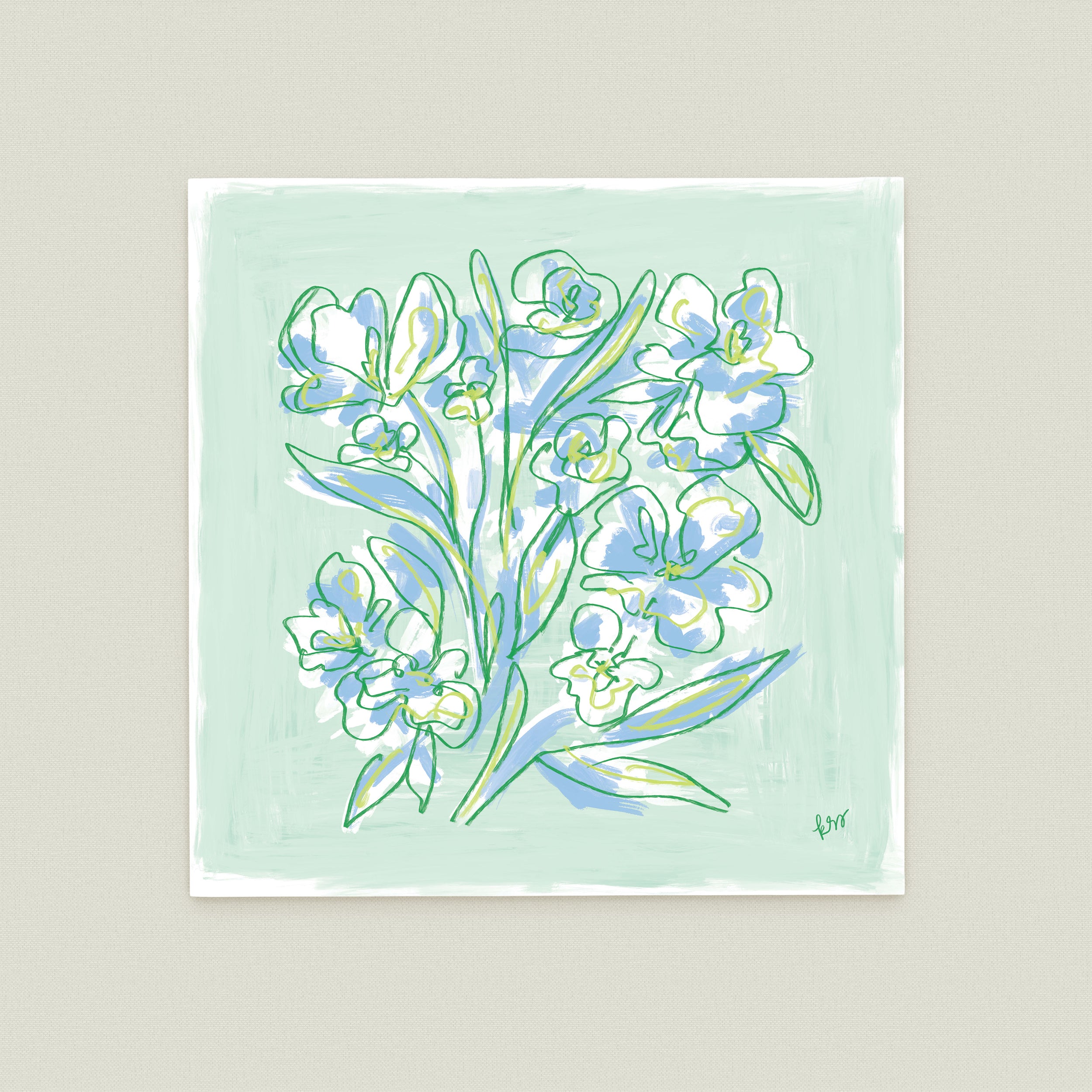 The image is a square-shaped illustration featuring a bouquet of stylized flowers in various shades of blue and green against a light green background.