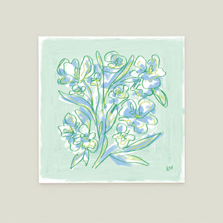 Floral Sketch No. 1: a bouquet of stylized flowers in various shades of blue and green against a light green background.