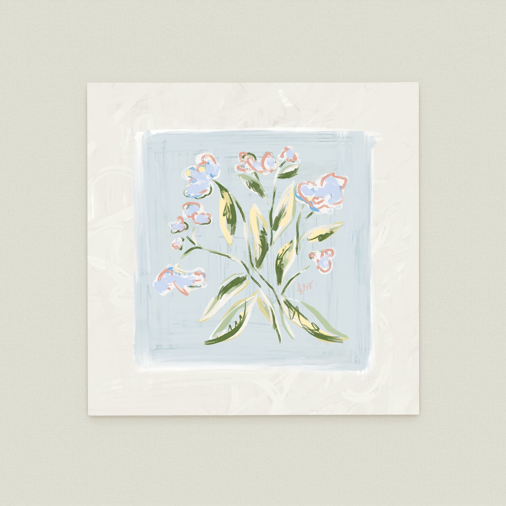 The image is a square painting featuring a bouquet of flowers in various shades of blue and pink.