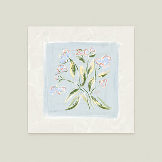 The image is a square painting featuring a bouquet of flowers in various shades of blue and pink.