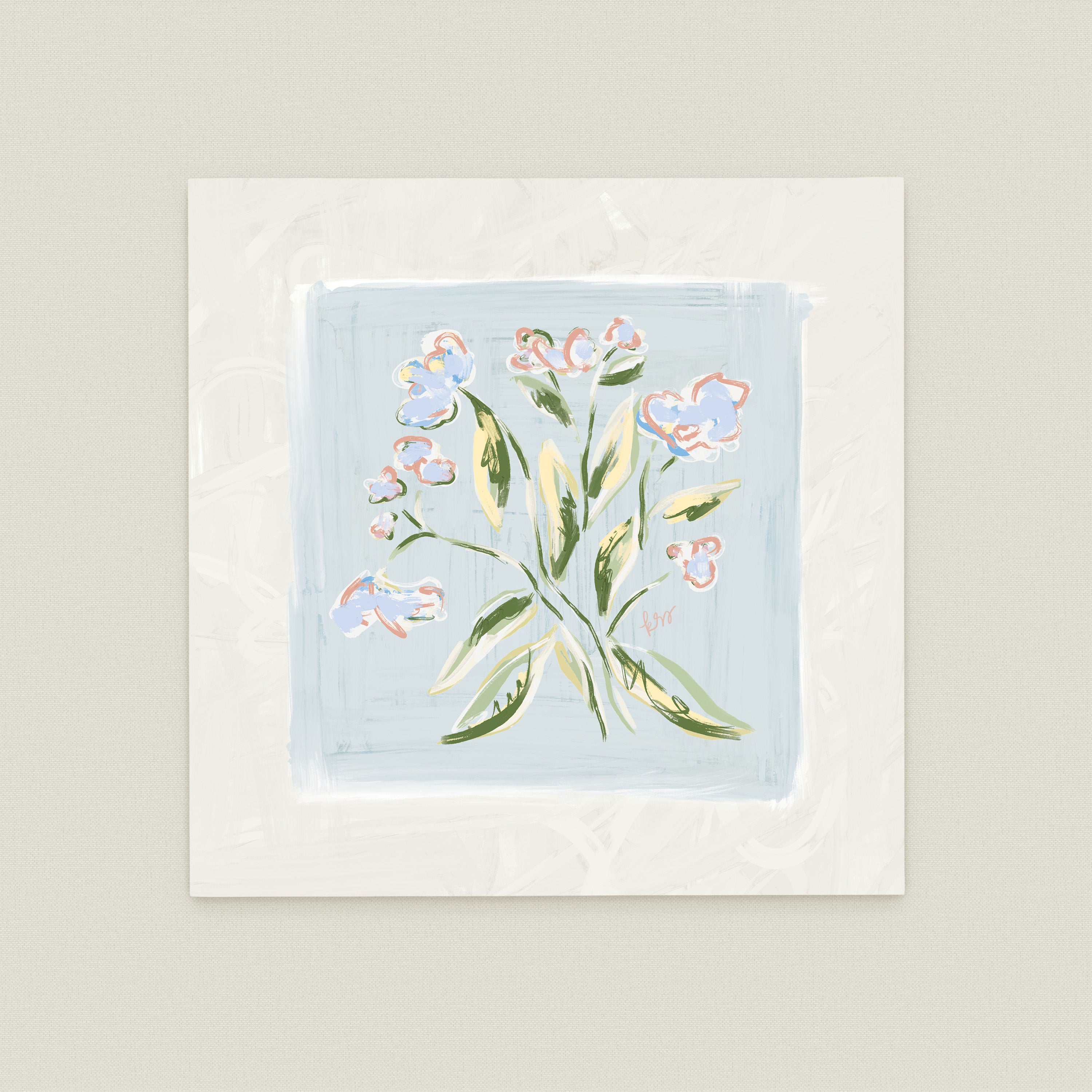 The image is a square painting featuring a bouquet of flowers in various shades of blue and pink.