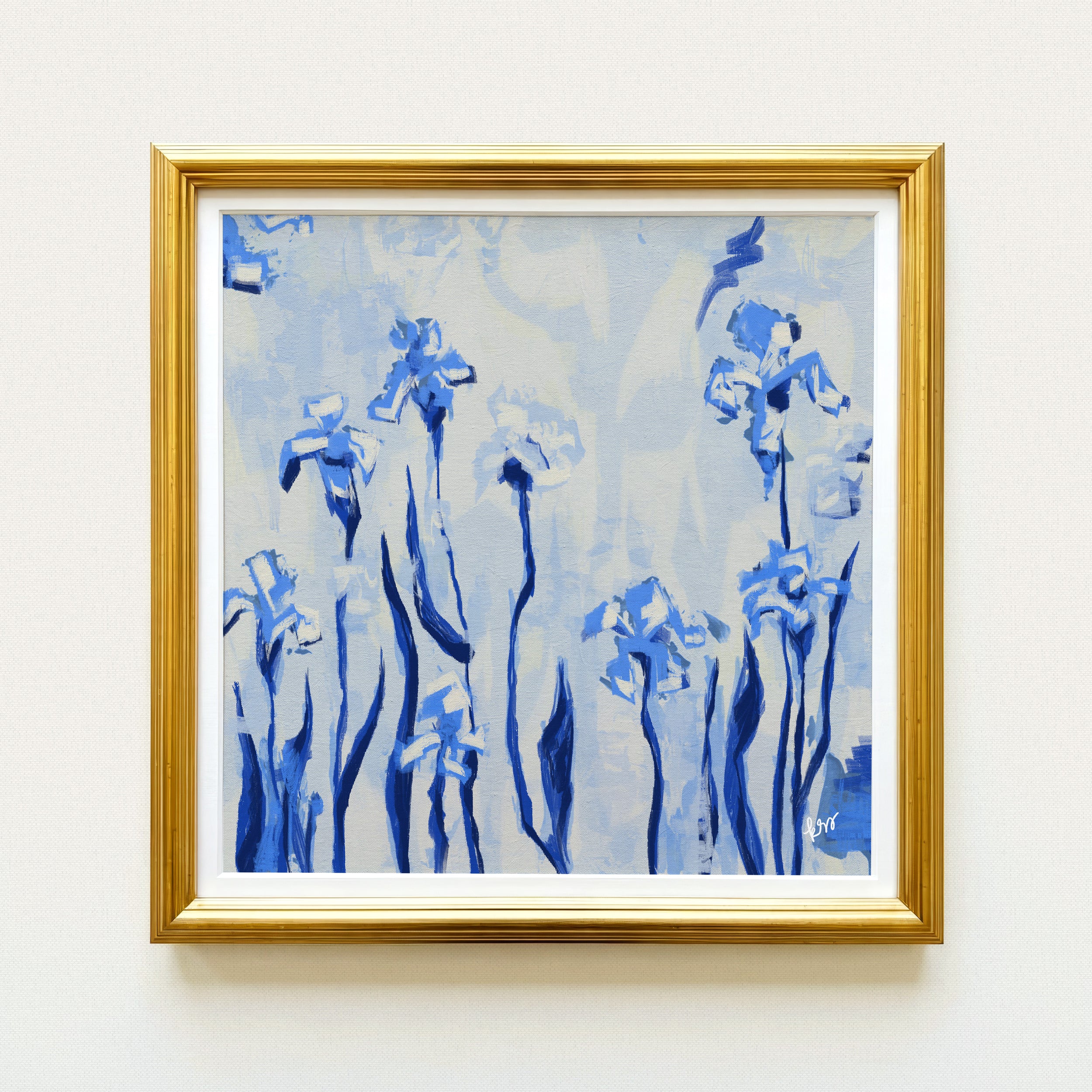 The image is a framed painting of blue flowers against a light blue background.
