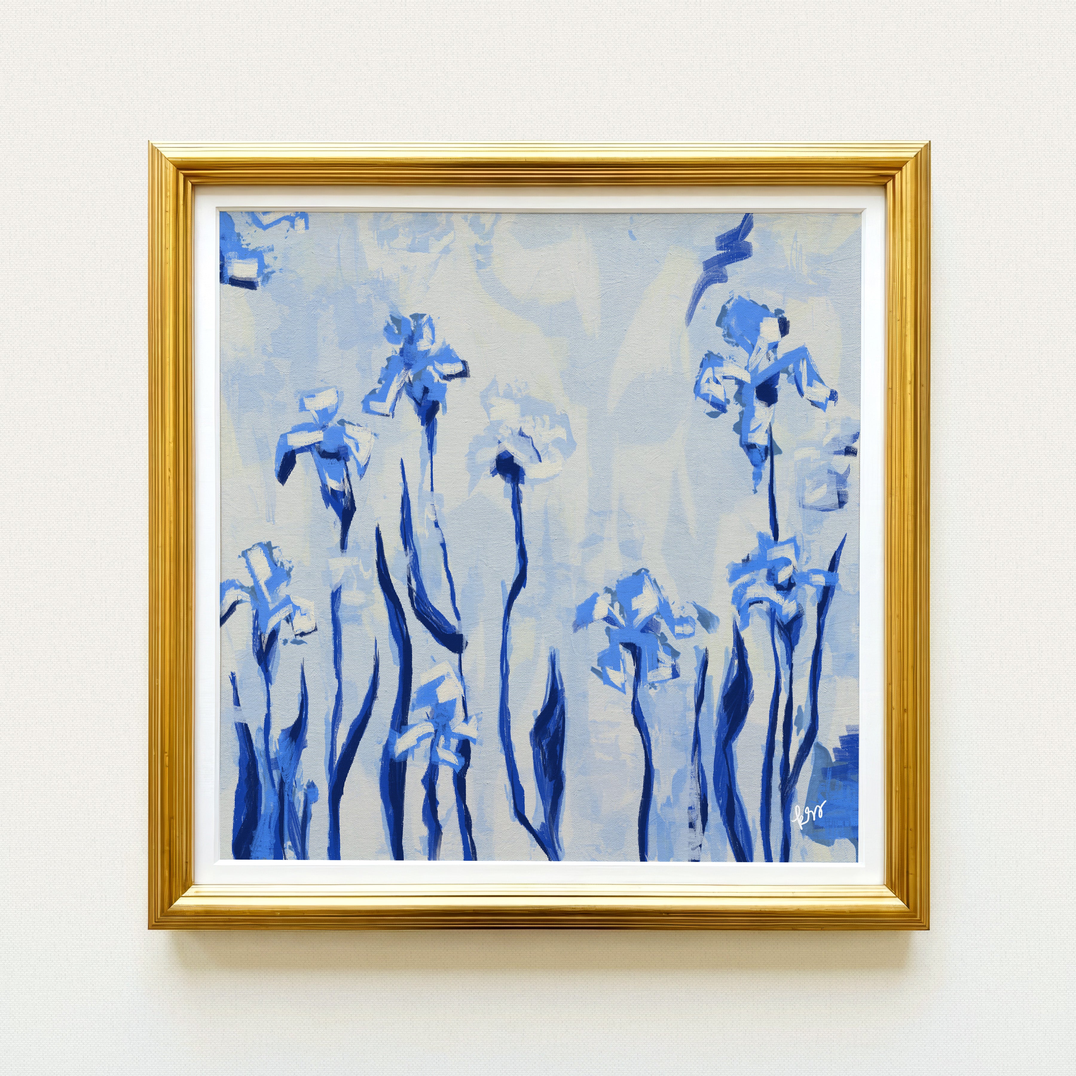 The image is a framed painting of blue flowers against a light blue background.
