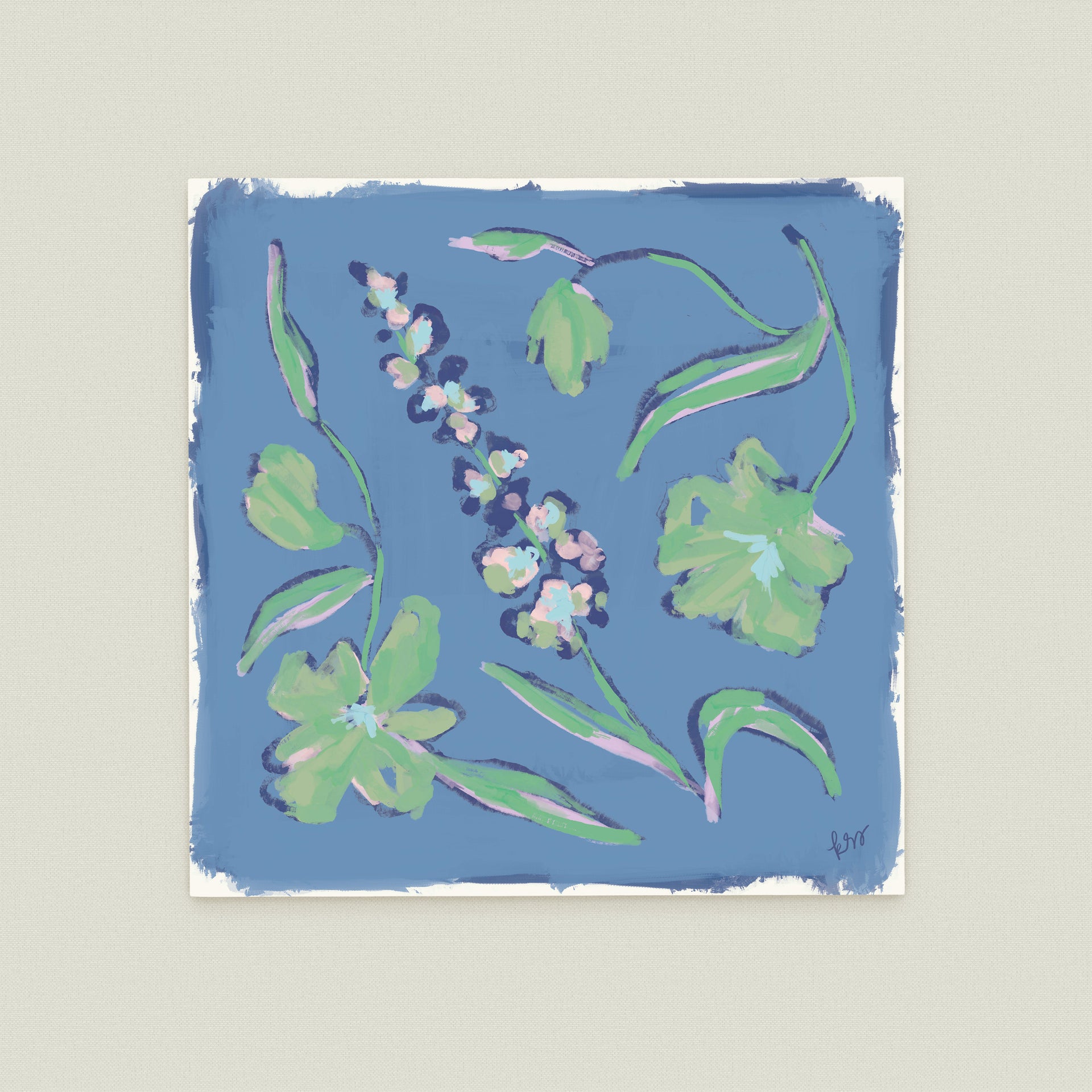 The image is a square painting featuring a variety of colorful flowers and leaves in shades of blue, green, and pink.
