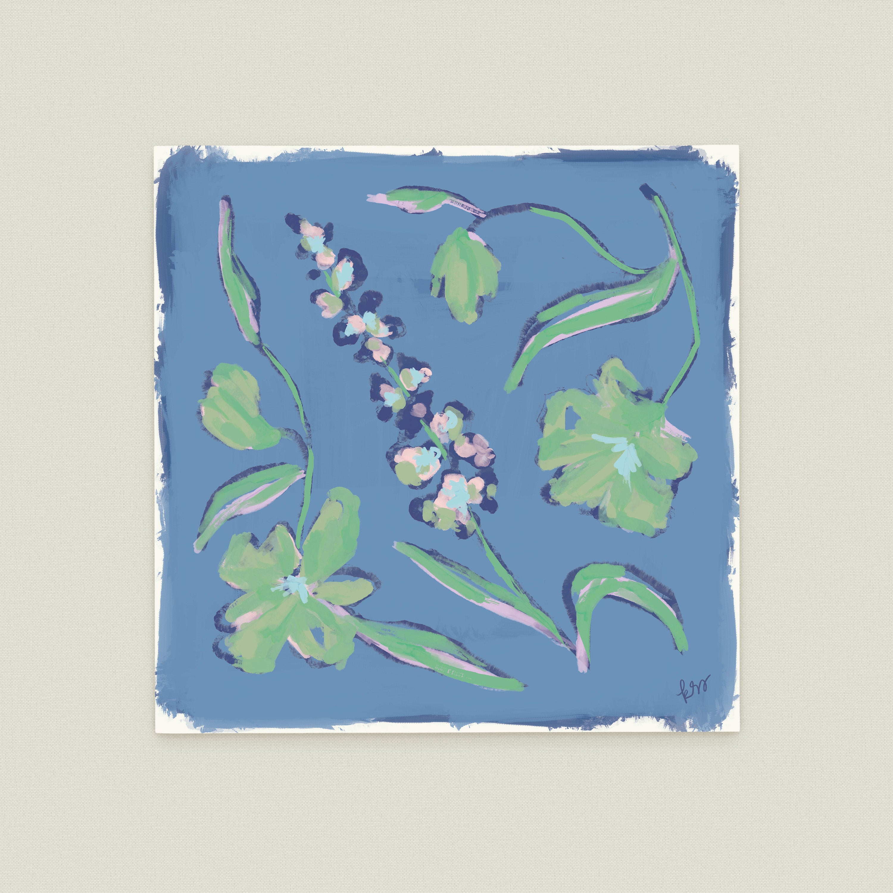 The image is a square painting featuring a variety of colorful flowers and leaves in shades of blue, green, and pink.