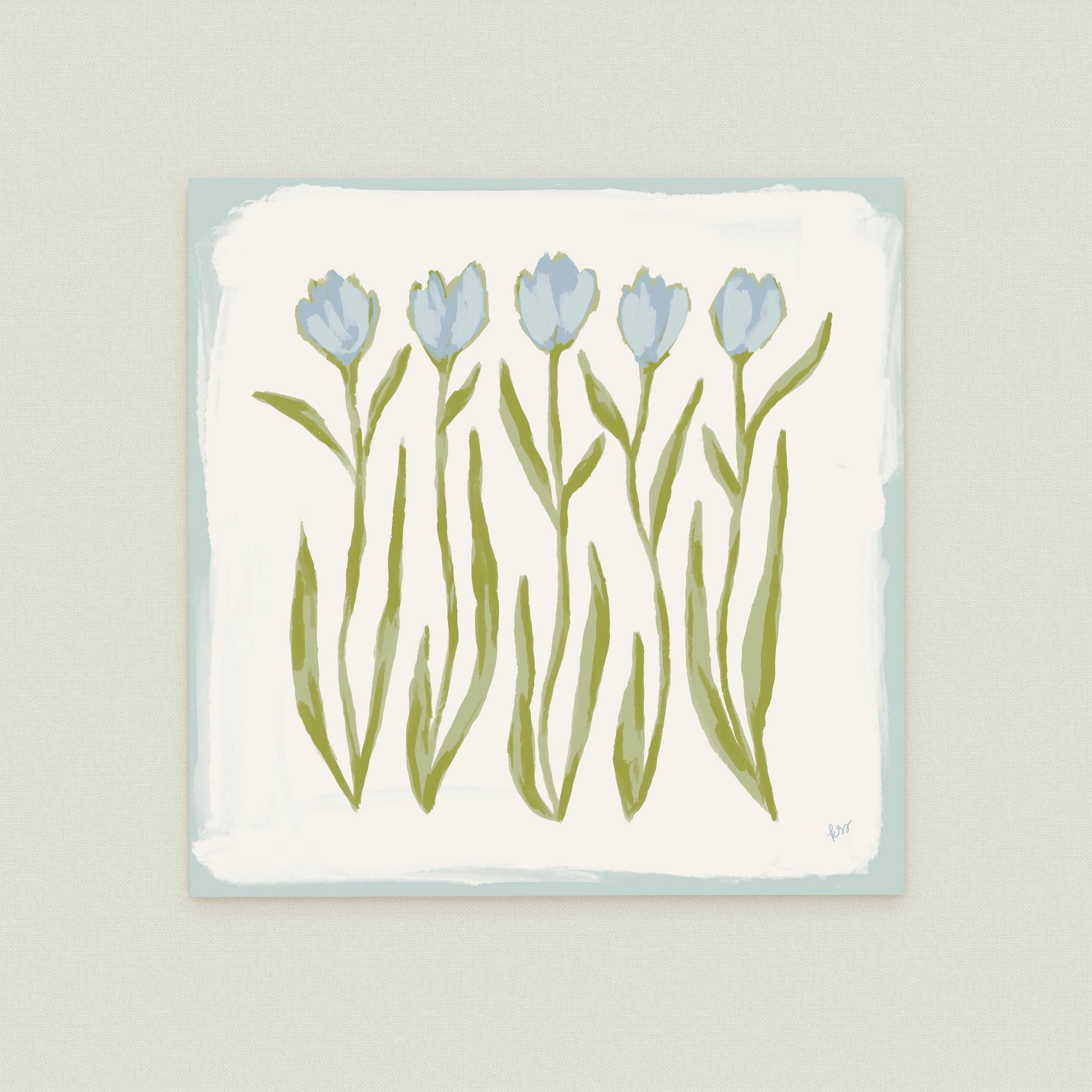 A painting of five blue flowers with green stems, arranged in a row on a light blue background.