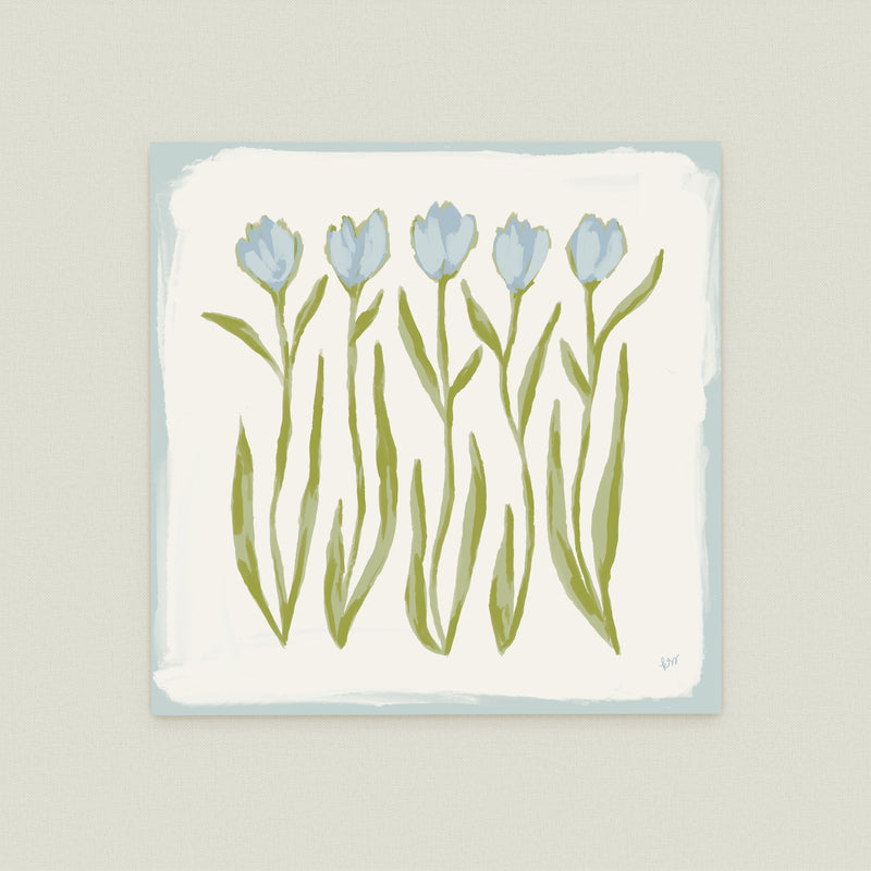 A painting of five blue flowers with green stems, arranged in a row on a light blue background.