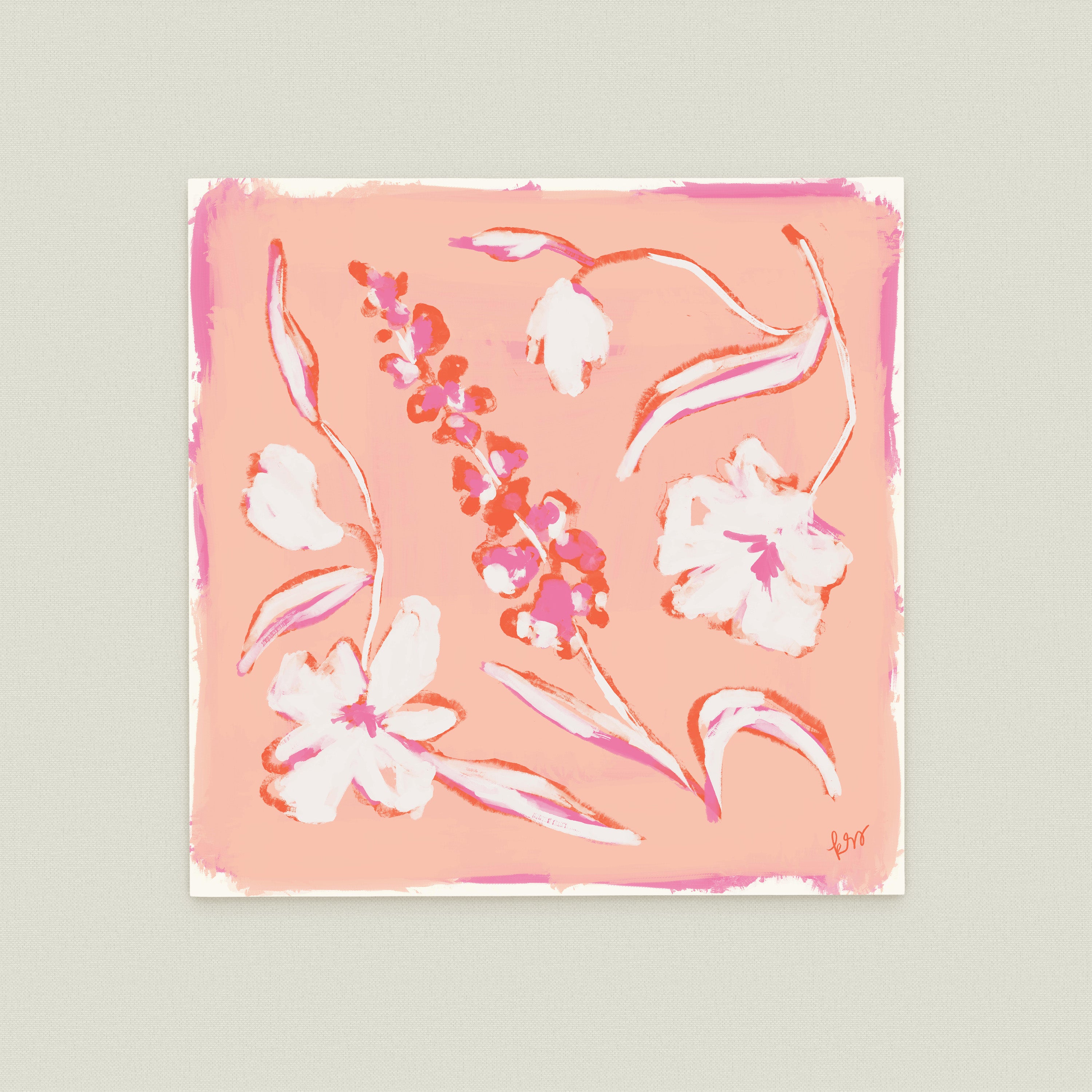 The image is a square-shaped painting featuring various pink and white flowers and leaves.