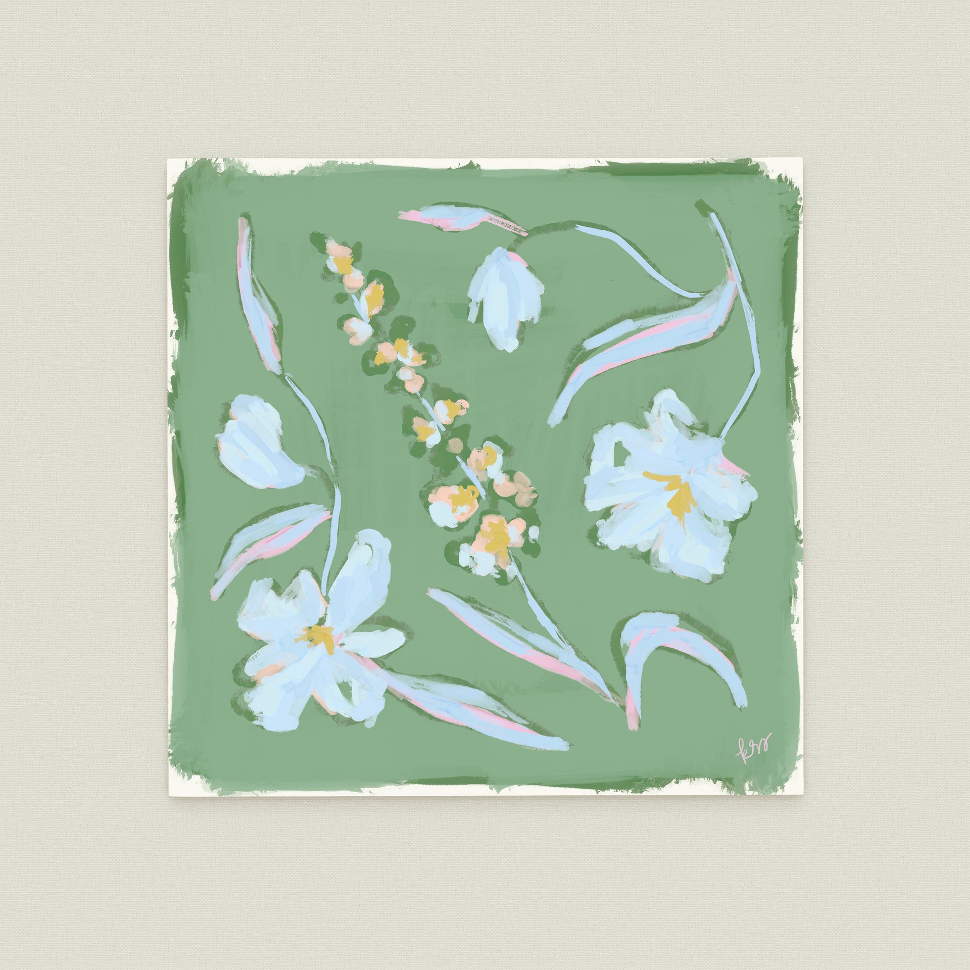 The image is a square painting featuring a variety of colorful flowers and leaves against a green background.