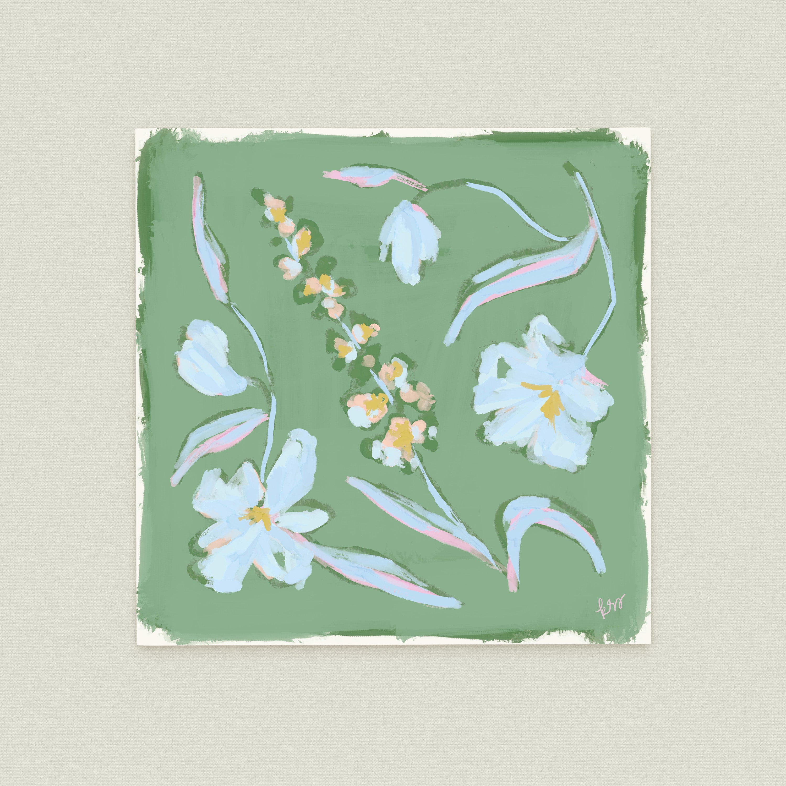The image is a square painting featuring a variety of colorful flowers and leaves against a green background.
