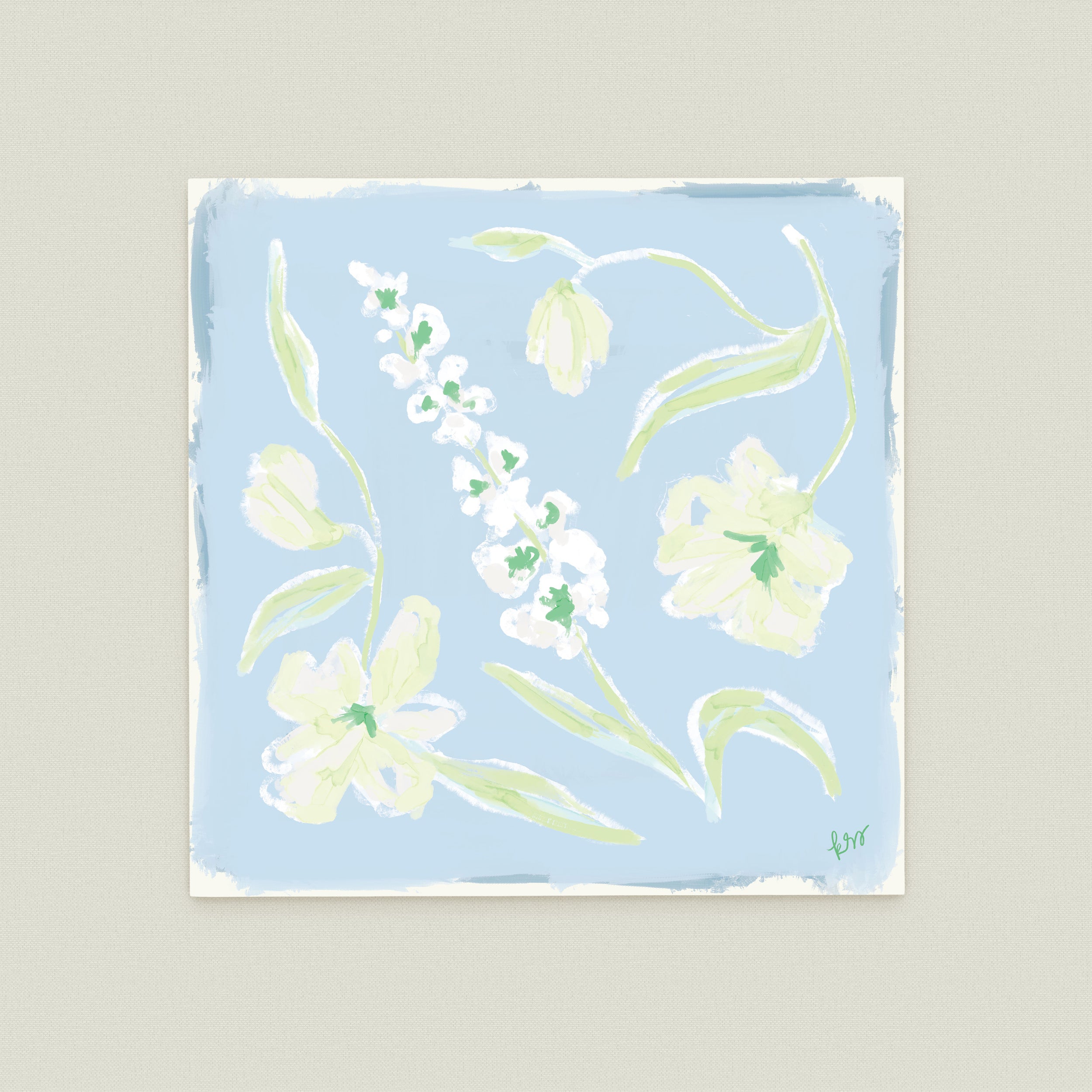 The image is a painting of various flowers in different poses and orientations, set against a light blue background.