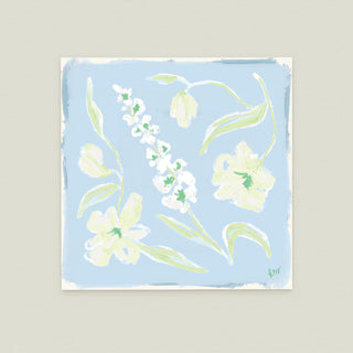 Garden Arrangement No. 11: various flowers in different poses and orientations, set against a light blue background.